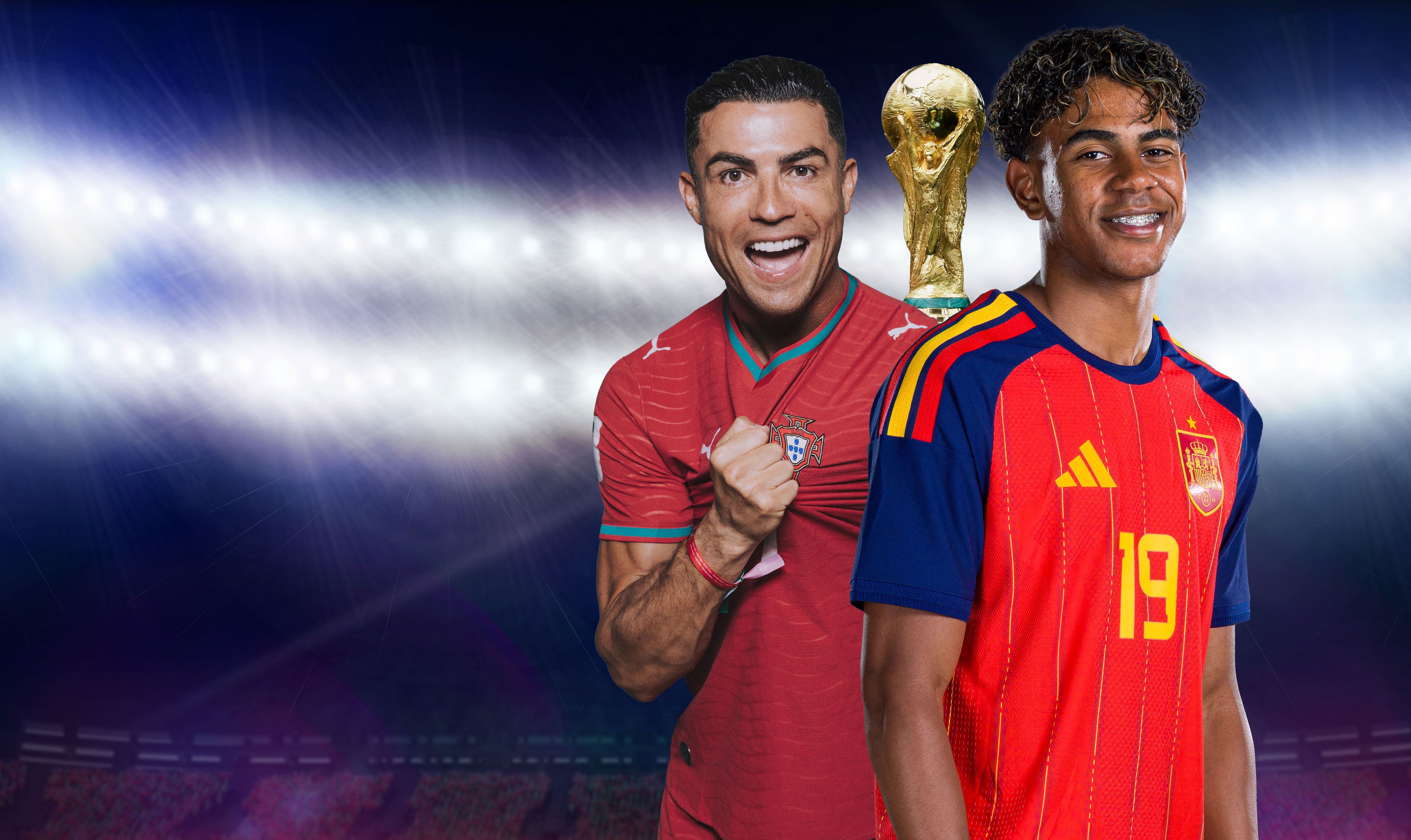 Zwei Fußballspieler aus Portugal und Spanien stehen vor einem leuchtenden Stadion und einem WM-Pokal.