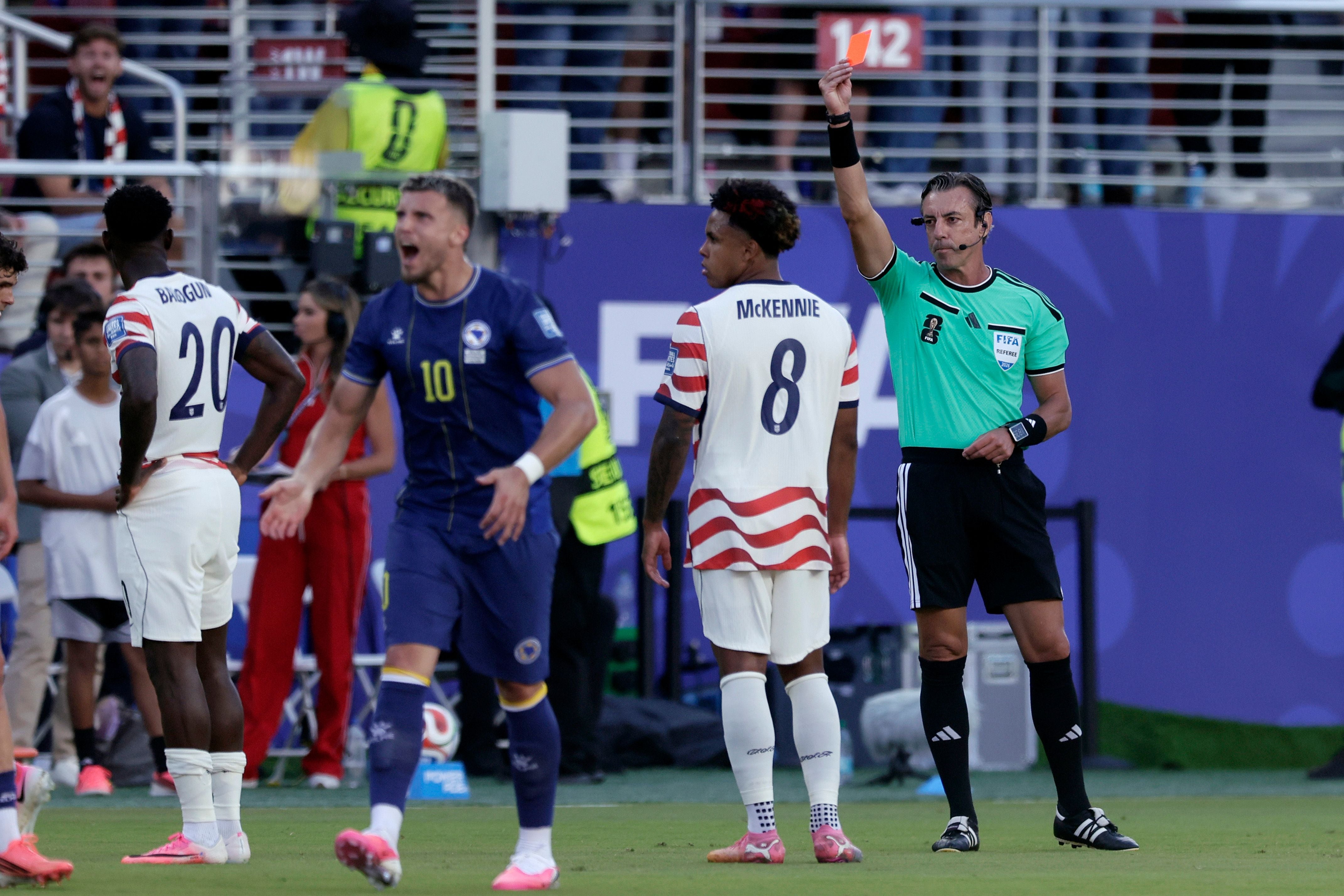 SAN FRANCISCO BAY AREA, UNITED STATES - JULY 1: Folarin Balogun of USA receiving a red card from Referee Raphael Claus during the World Cup match between USA v Bosnia and Herzegovina at the San Francisco Bay Area Stadium on July 1, 2026 in San Francisco Bay Area United States (Photo by Eric Verhoeven/Soccrates/Getty Images)
