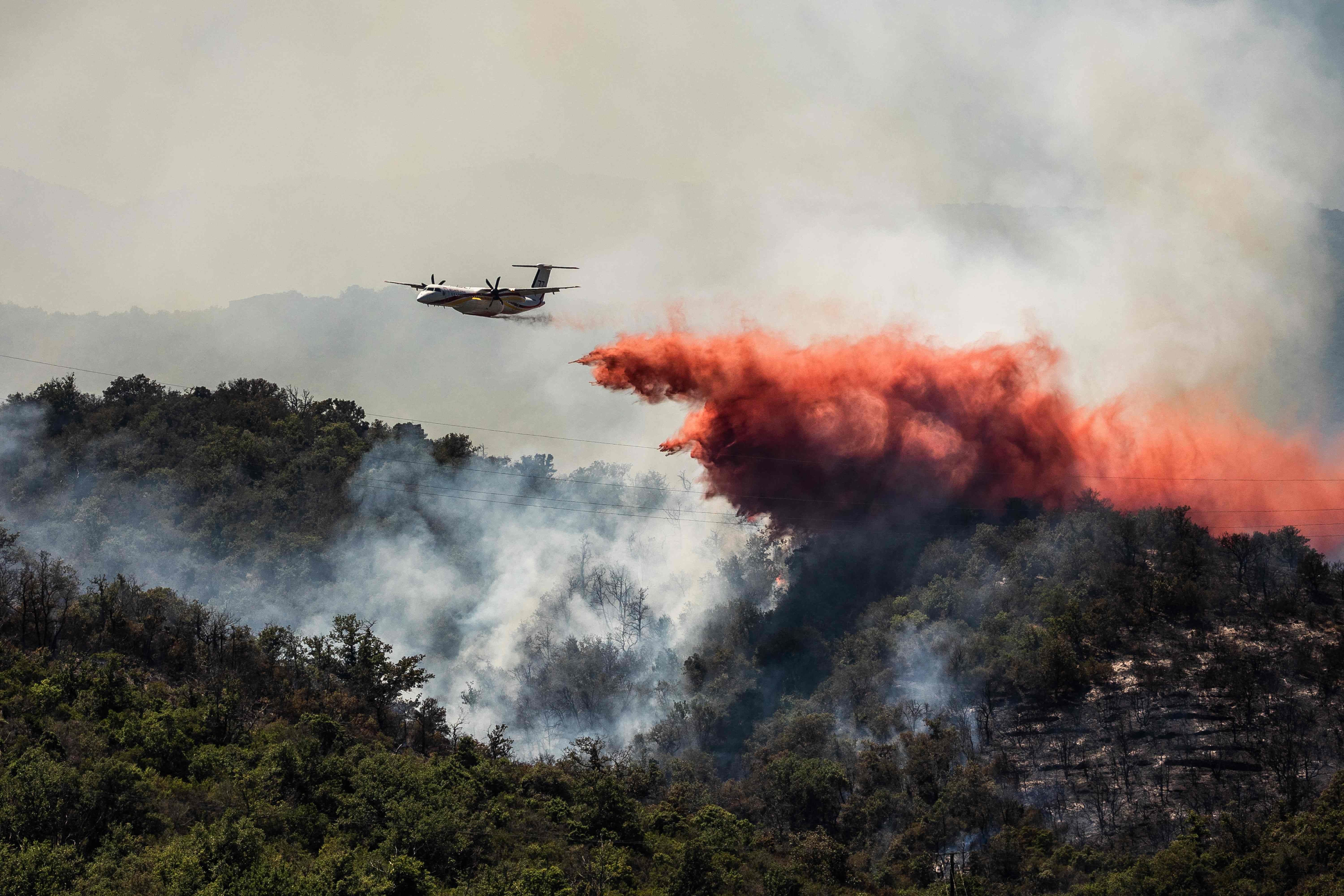 Ein Löschflugzeug wirft roten Feuerhemmer über einen brennenden Wald mit aufsteigendem Rauch ab.