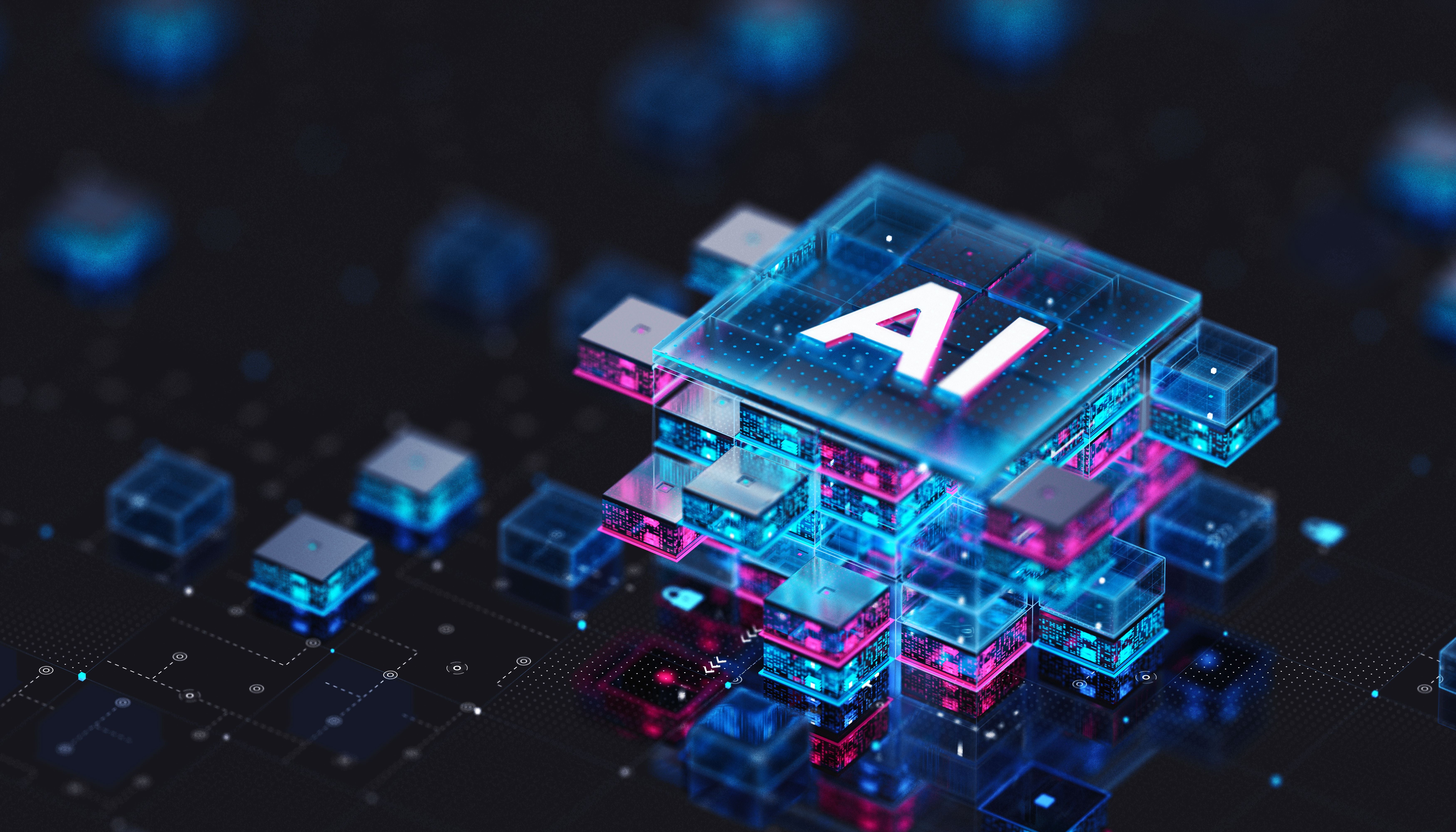 3D-Grafik von leuchtenden Würfeln, zentral ein großer Würfel mit der Aufschrift "AI" in Neonfarben.