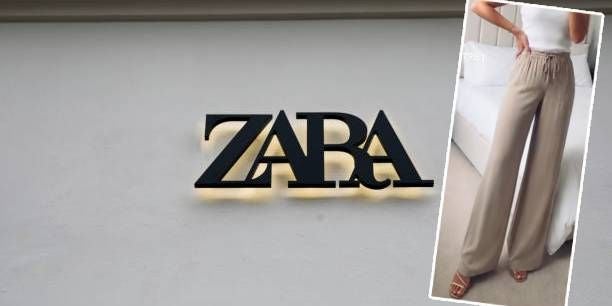 ZARA-Logo an einer Wand, daneben Foto einer weiten, beigefarbenen Hose an einer Person.
