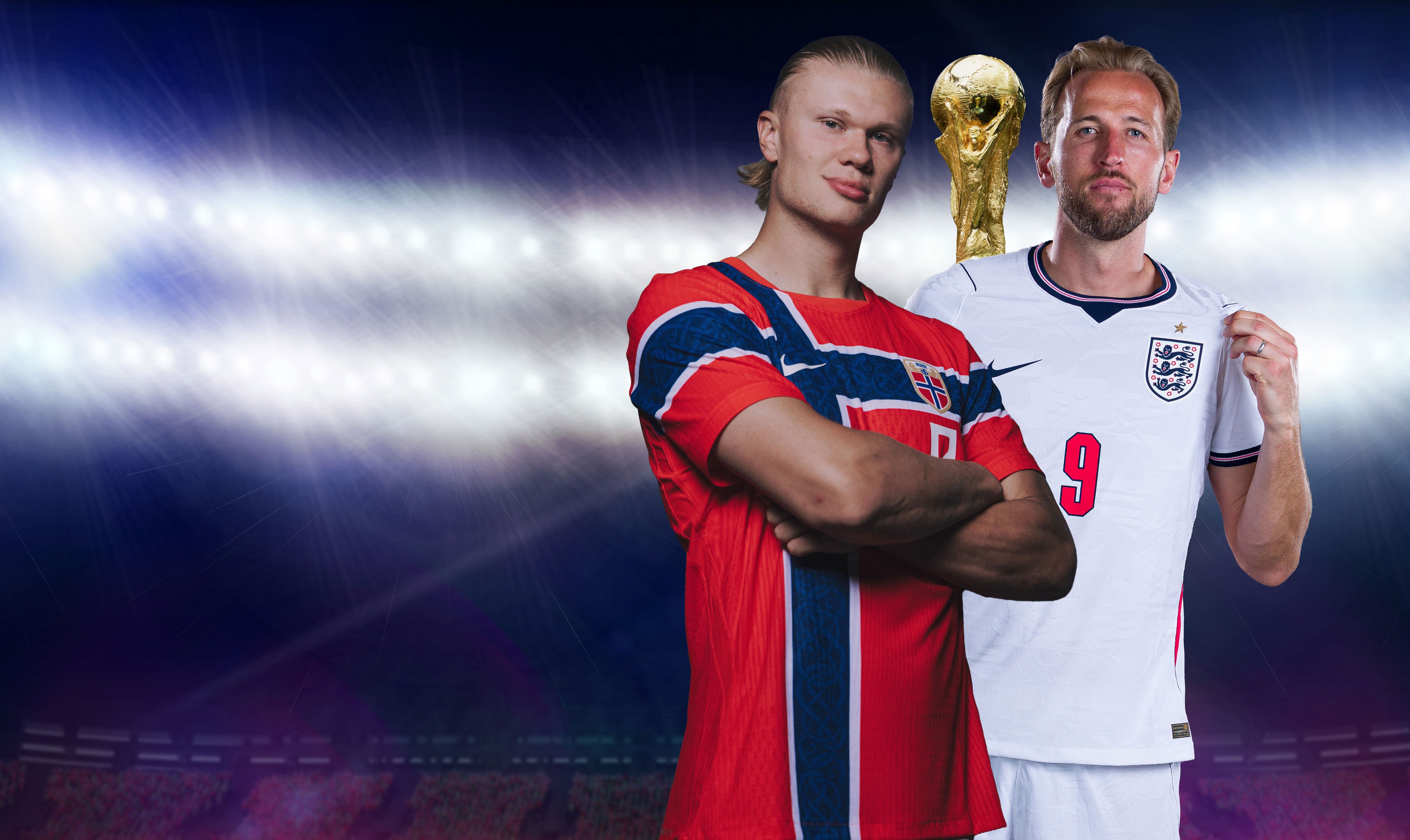Zwei Fußballspieler aus England und Norwegen stehen vor einem Stadion mit Weltpokal im Hintergrund.