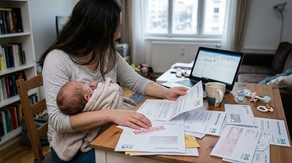 Eine Mutter hält ihr Baby und bearbeitet gleichzeitig Unterlagen am Schreibtisch.