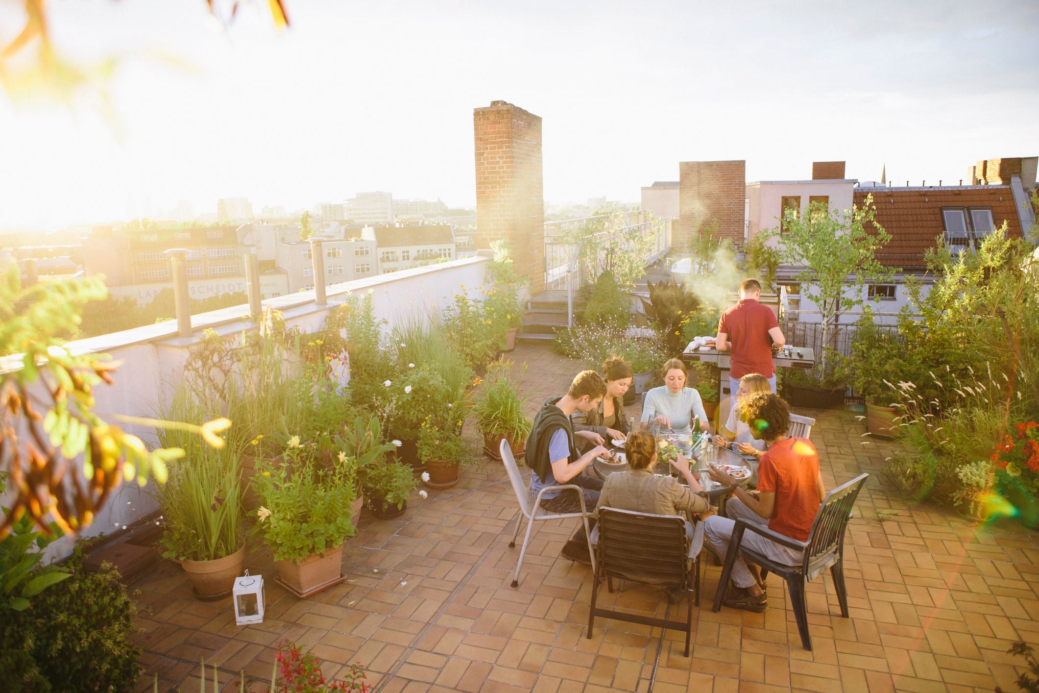 Junge Erwachsene feiern eine Party mit Grill auf einer begrünten Dachterrasse bei Sonnenuntergang.