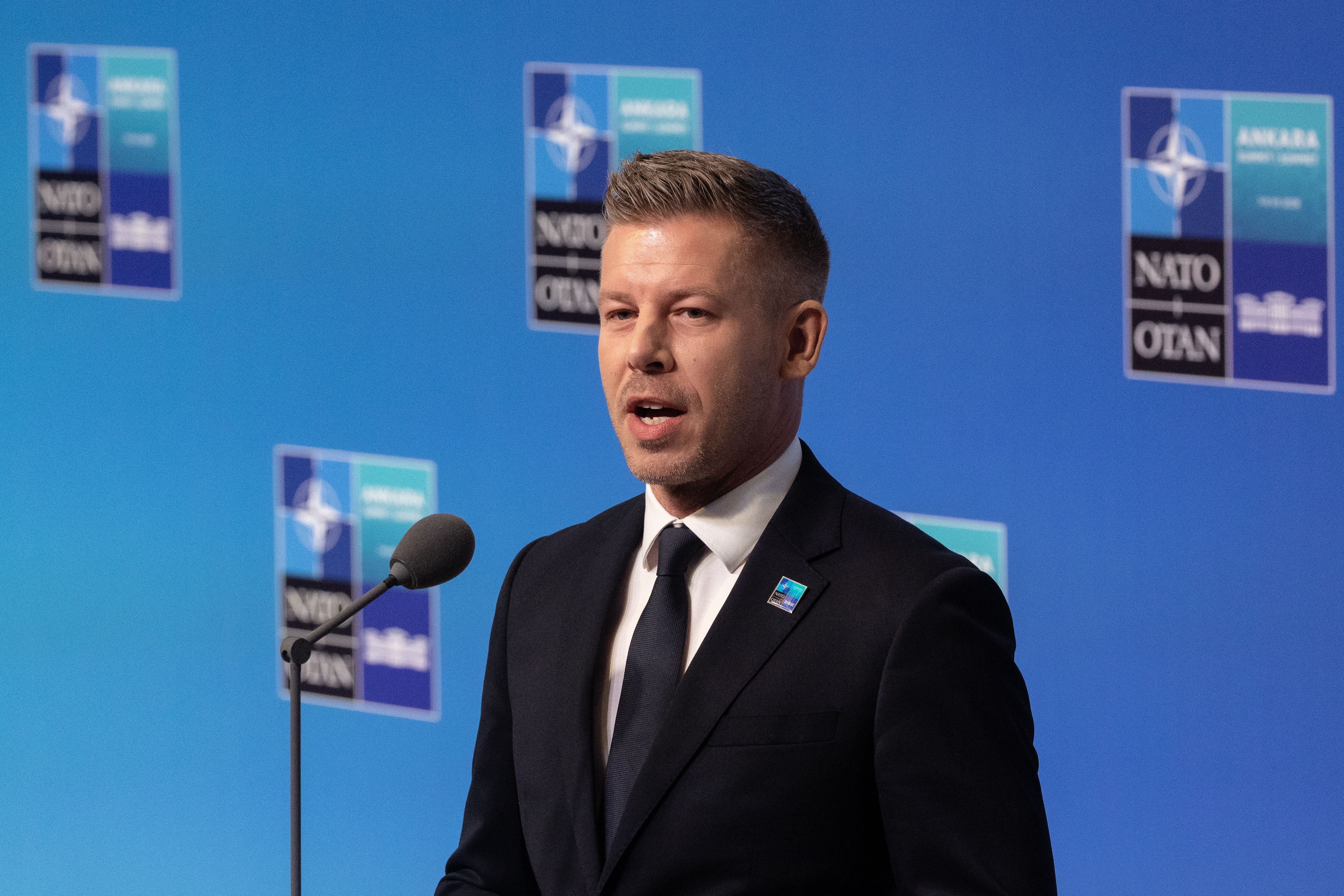Ein Mann im Anzug hält eine Rede vor einem Mikrofon bei einem NATO-Gipfel in Ankara.