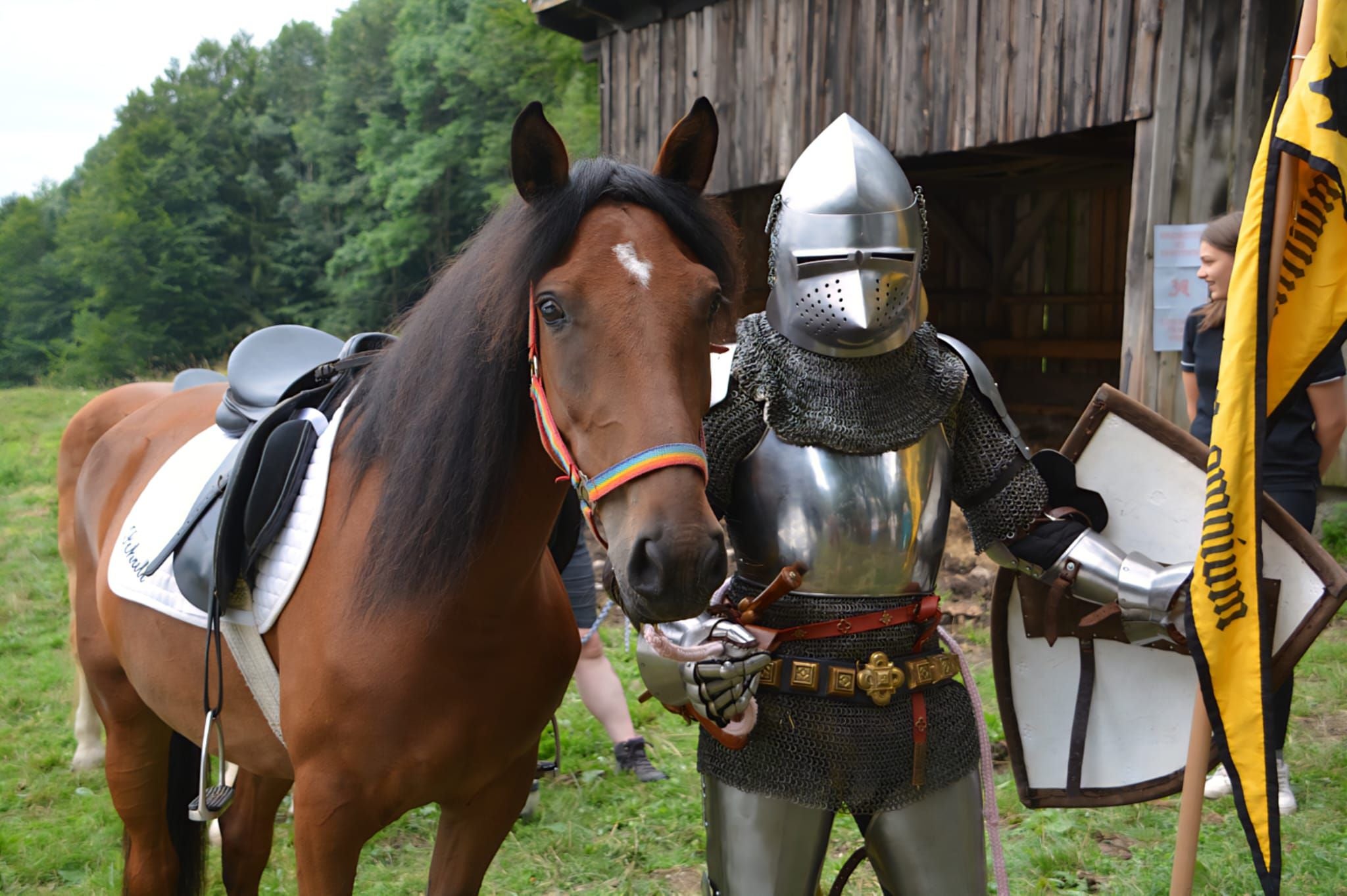 Ein Ritter in Rüstung steht mit einem braunen Pferd vor einem Holzgebäude beim Ritterfest.