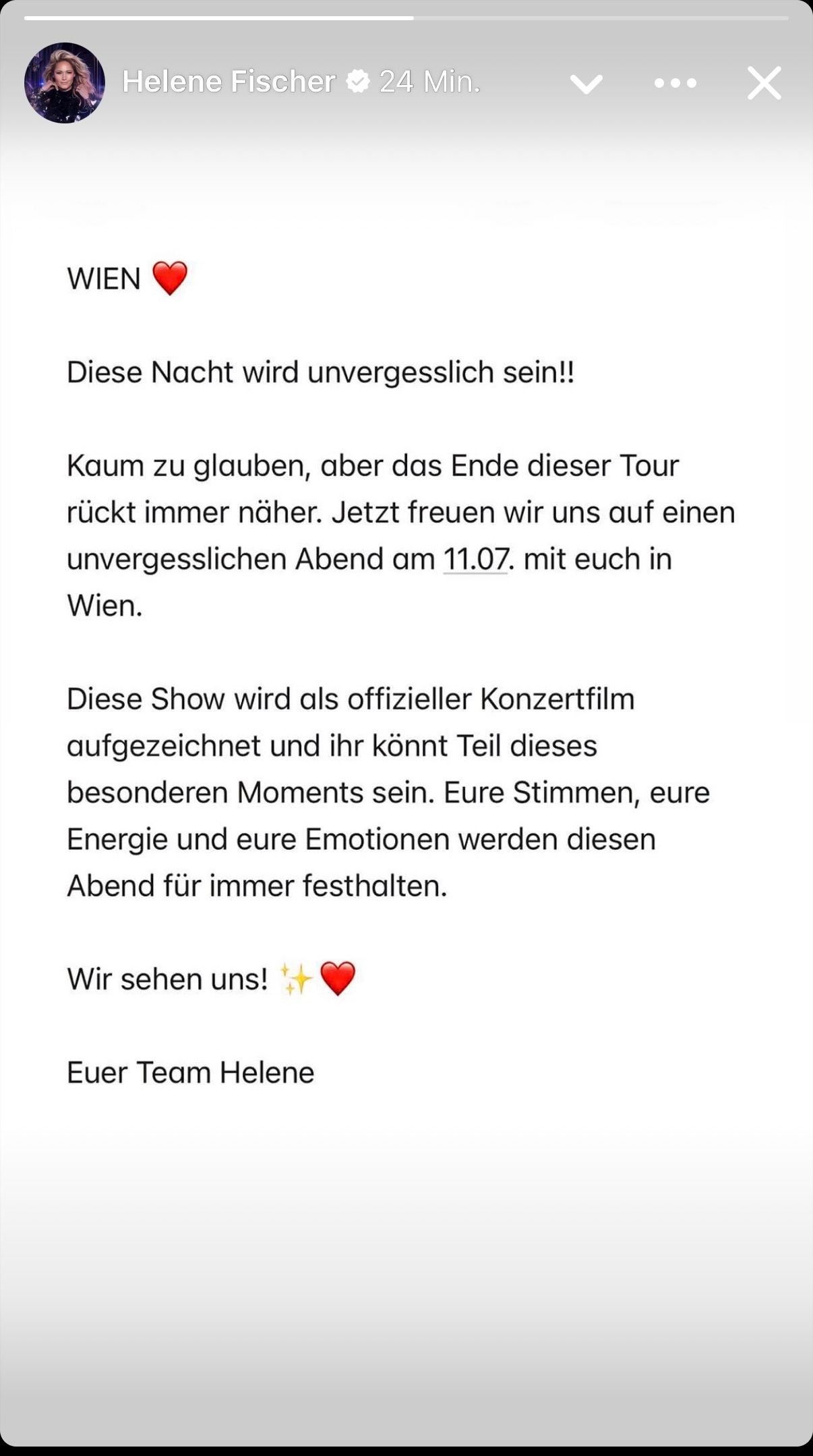 Screenshot einer Instagram-Story mit Textankündigung eines Konzertfilms in Wien am 11.07.