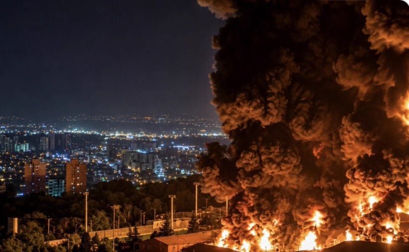 Großes Feuer mit dicken schwarzen Rauchwolken in einer Stadt bei Nacht.