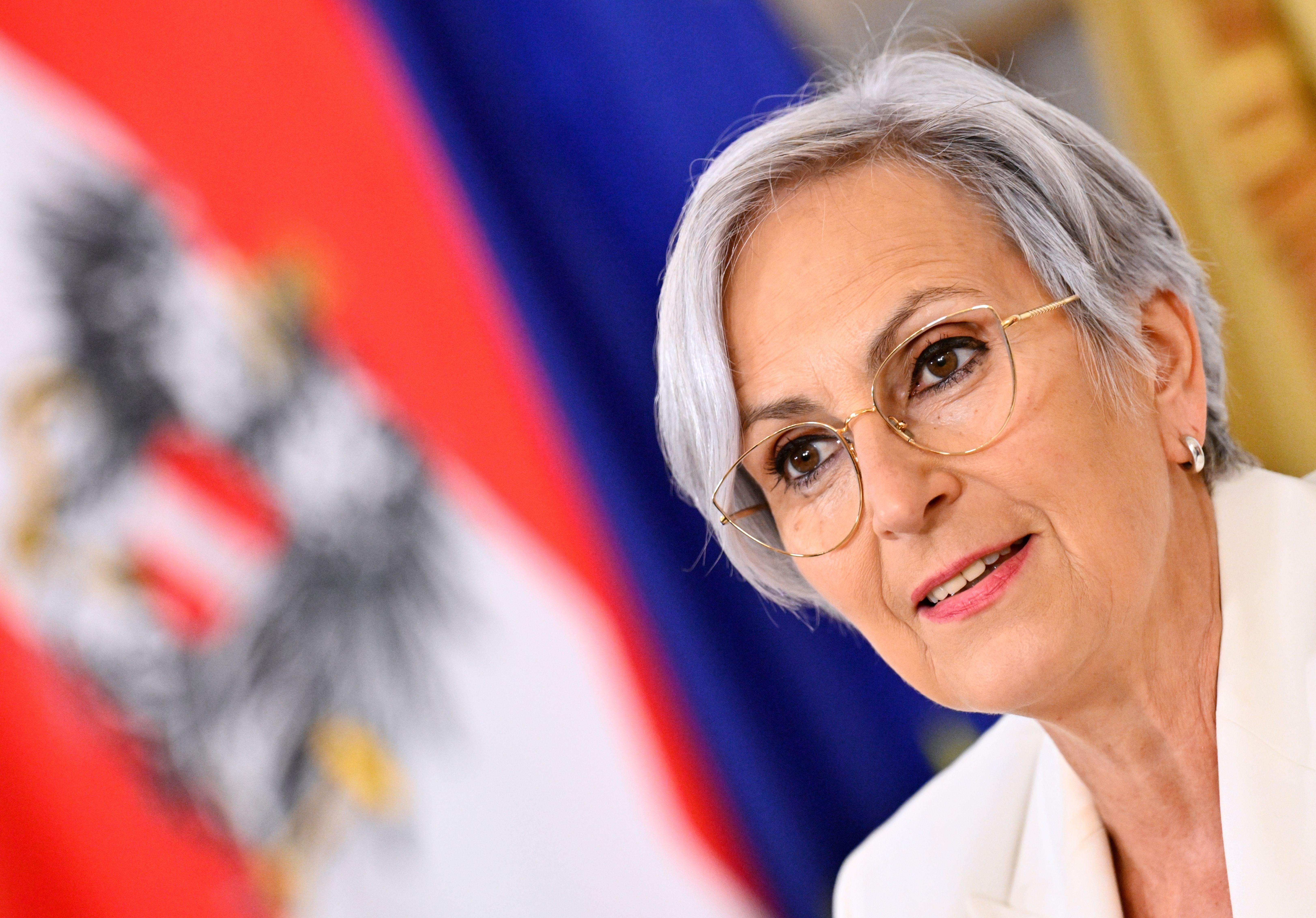 Eine Frau mit grazen Haaren und Brille spricht vor einer österreichischen Flagge.