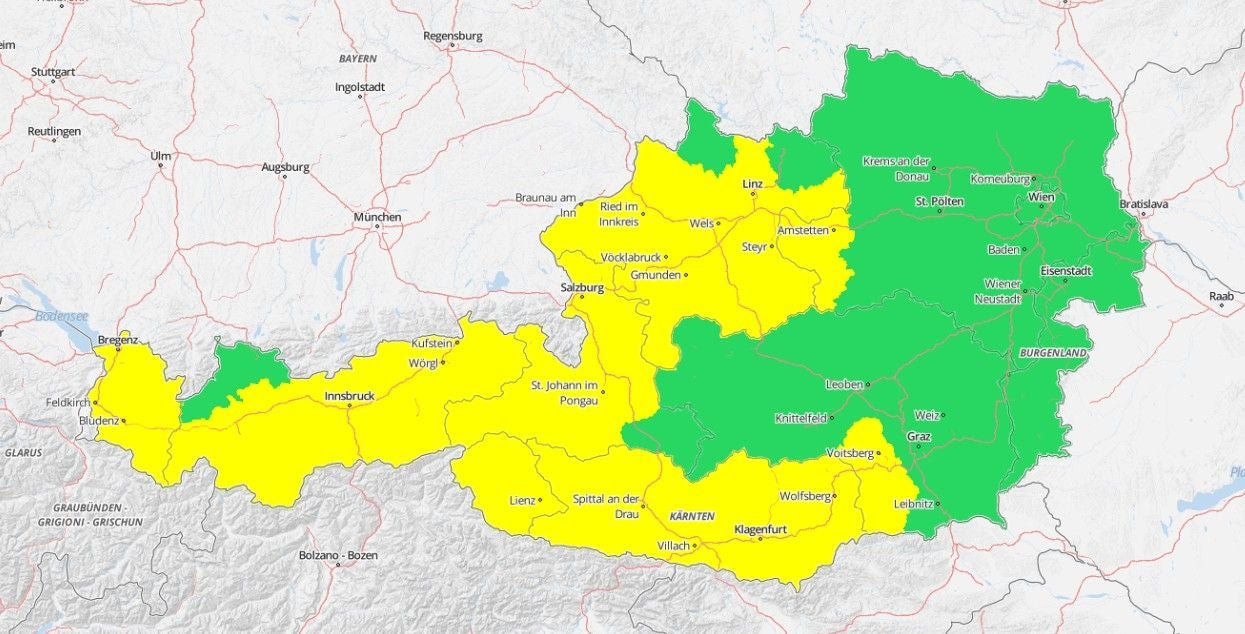 Hitze-Warnkarte: In den gelb markierten Regionen ist heute mit erhöhter Hitzebelastung zu rechnen.