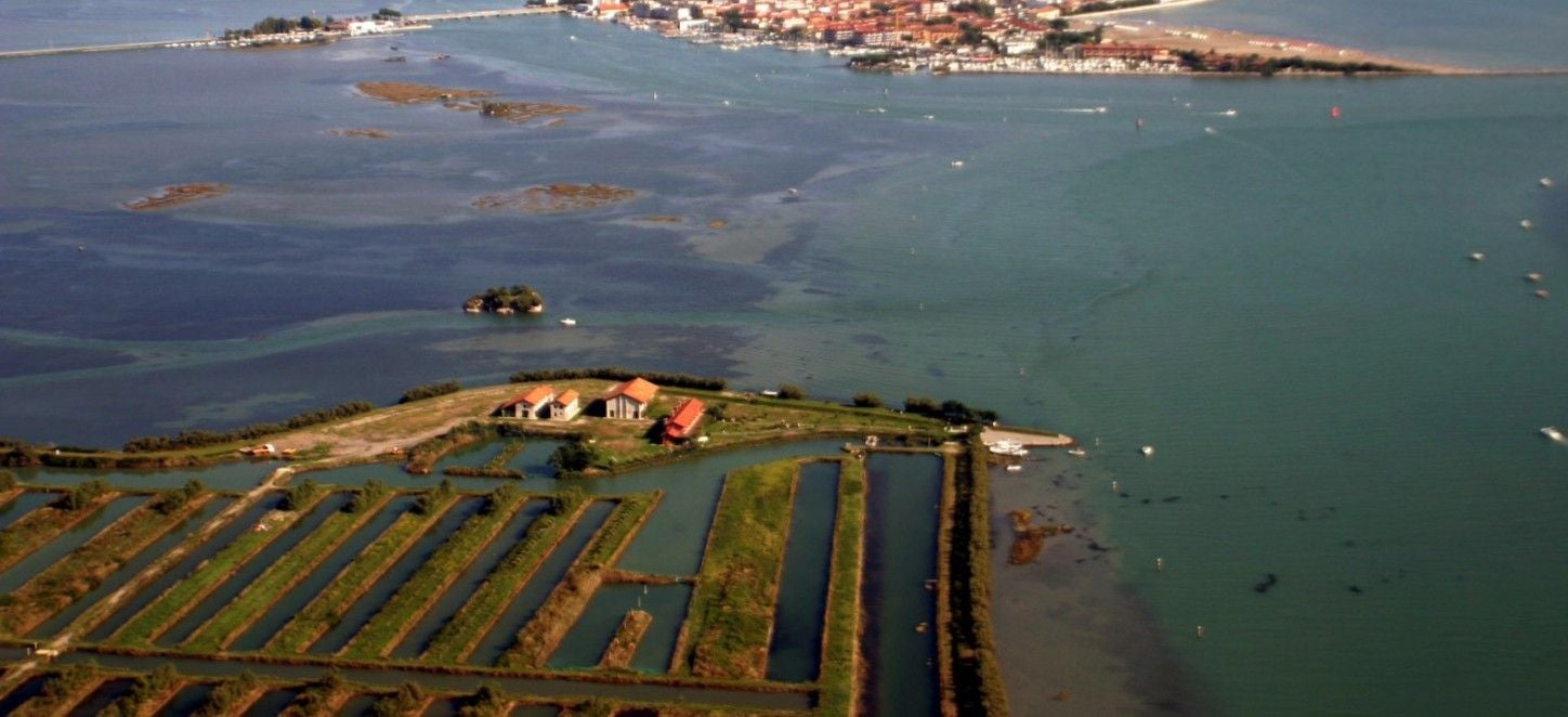 Luftaufnahme der Mittelmeerinsel Ravaiarina mit Häusern und Teichen in der Lagune von Grado.