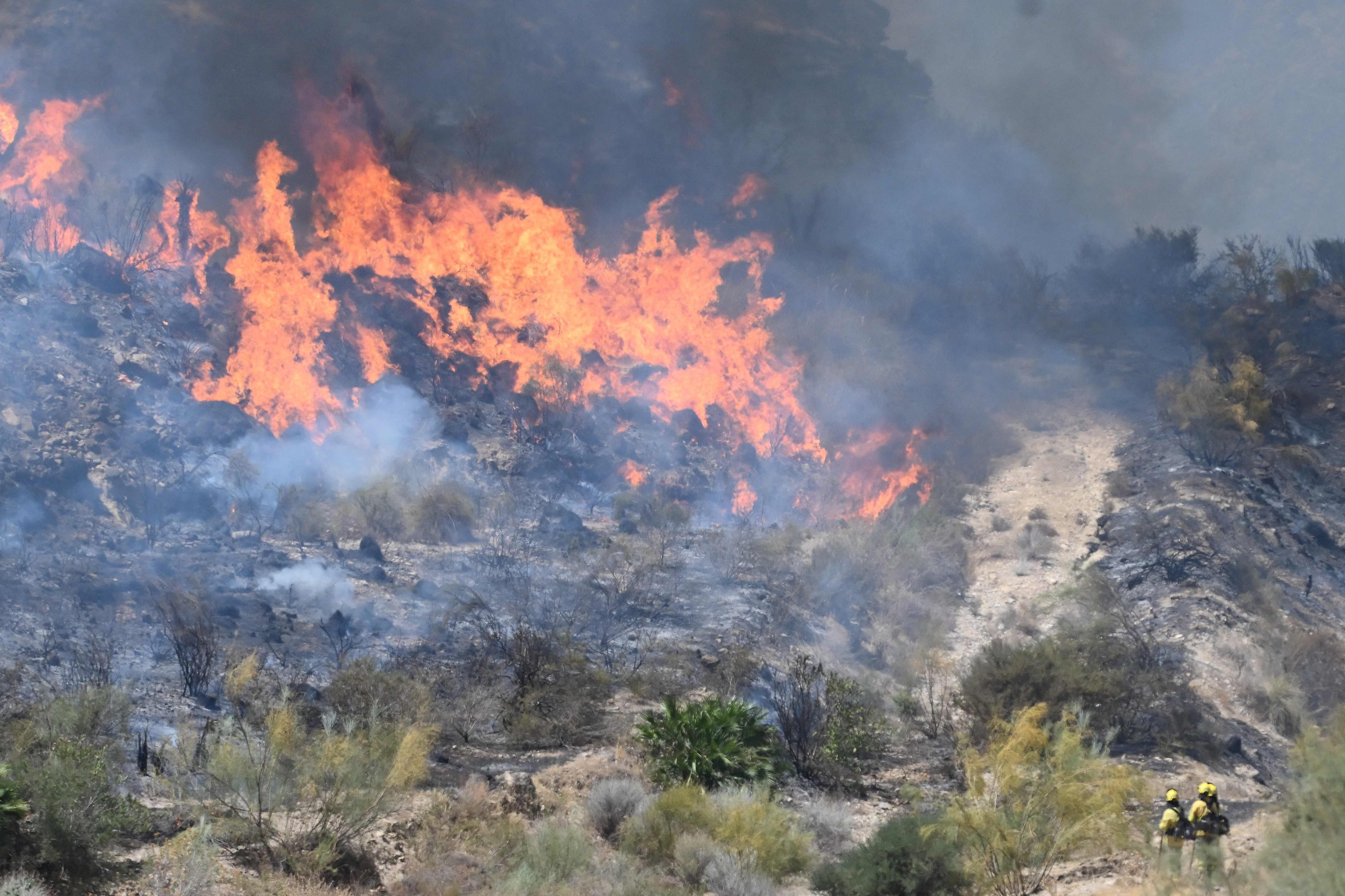 Zwei Feuerwehrleute bekämpfen einen großen Waldbrand an einem Hang mit starker Rauchentwicklung.