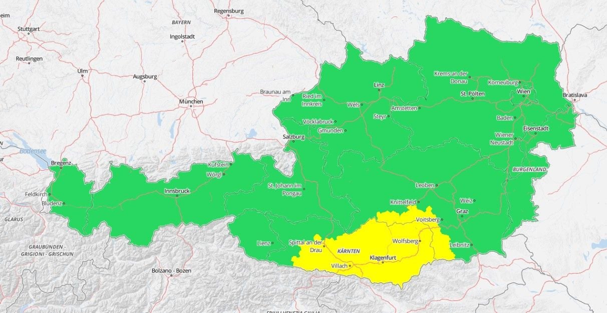 Gewitter-Warnung der "GeoSphere Austria" für Kärnten und Teile der Steiermark.