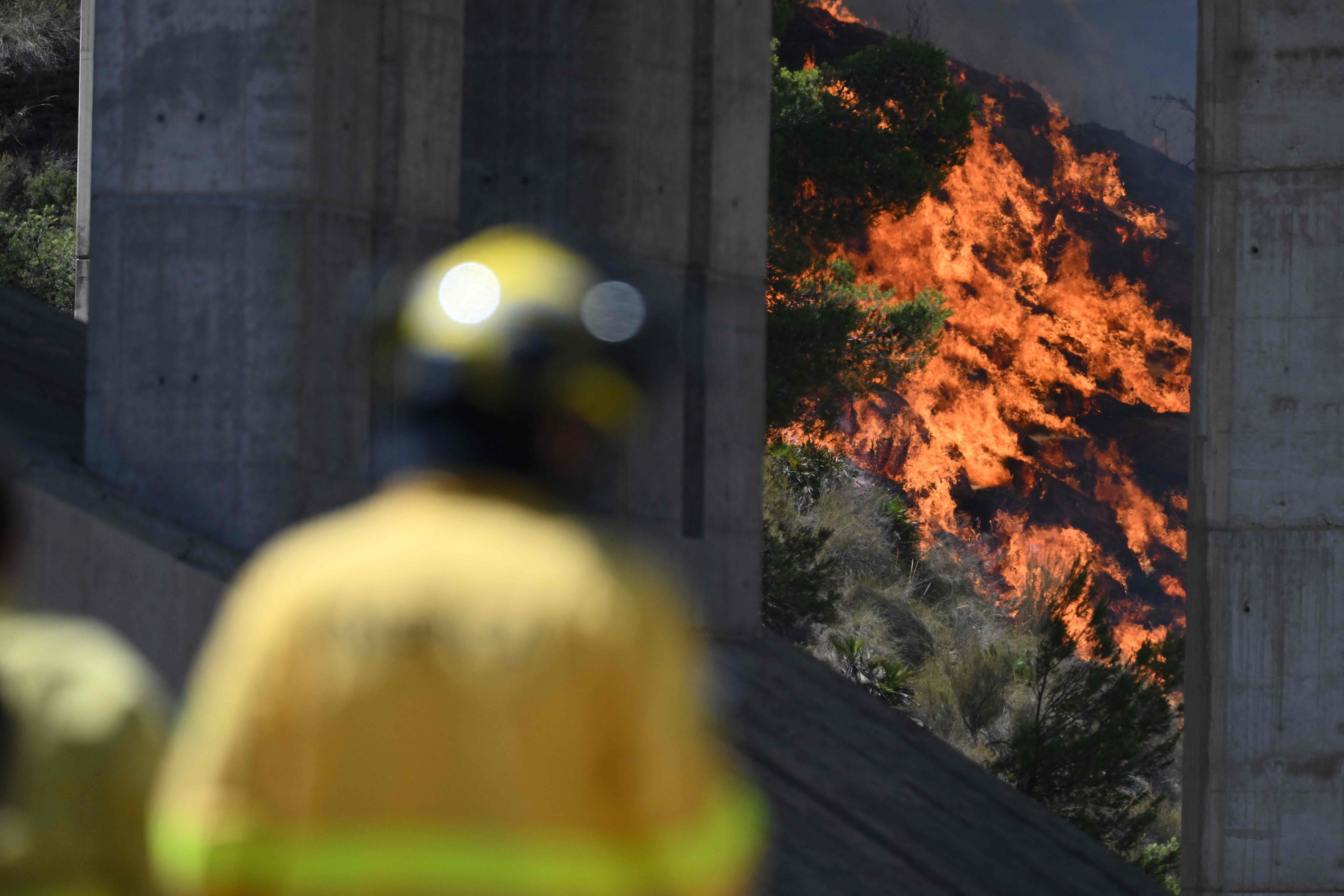 Ein Feuerwehrmann beobachtet einen großen Waldbrand unter einer Brücke.