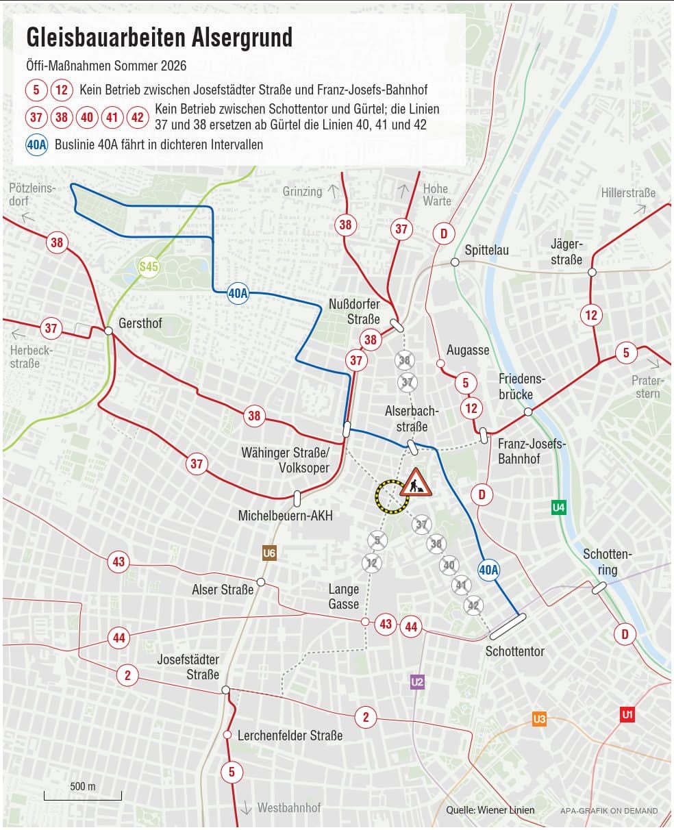Karte zeigt Gleisbauarbeiten und geänderte Linienführungen im Wiener Bezirk Alsergrund im Sommer 2026.
