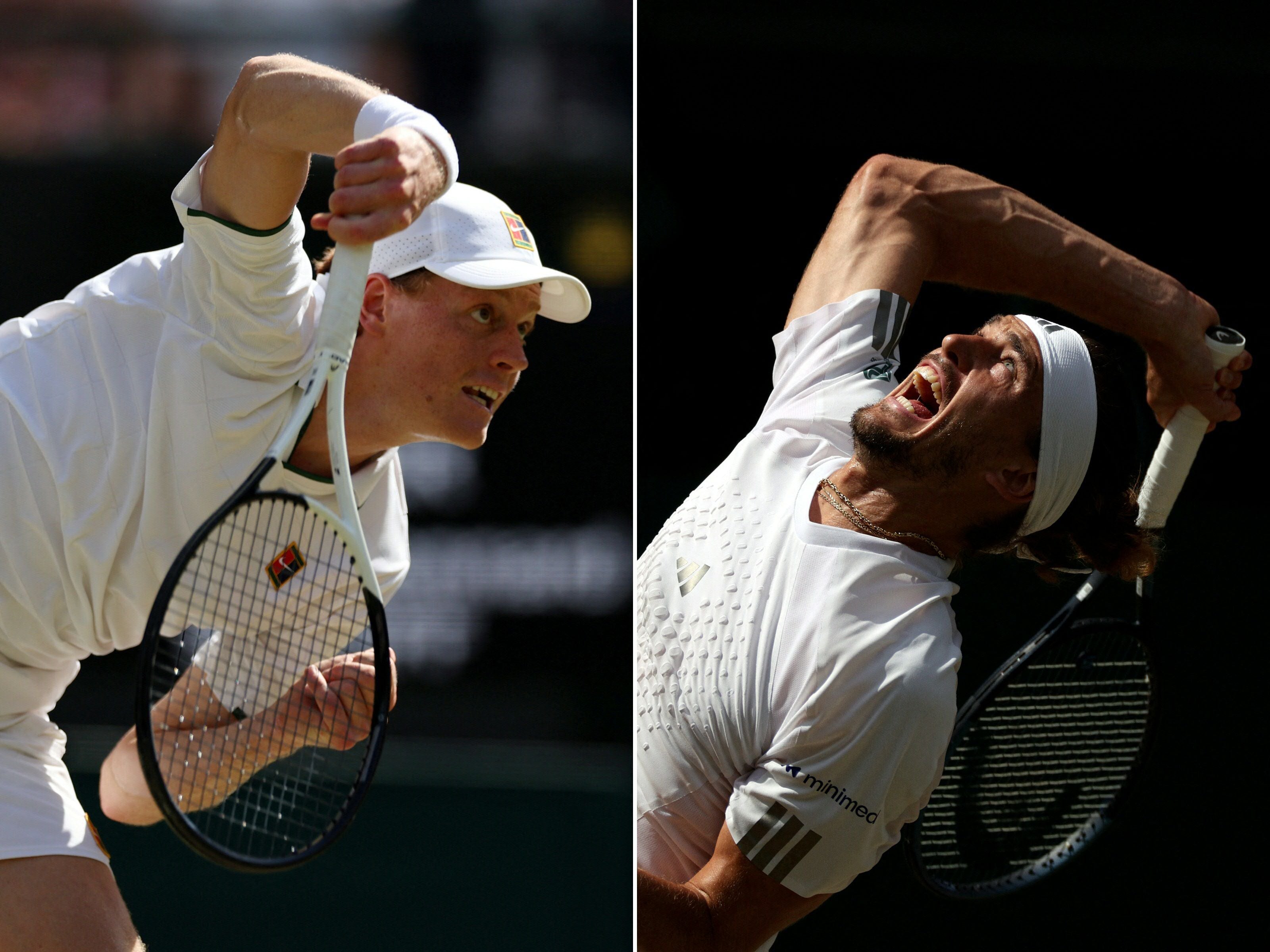 Zwei Tennisspieler schlagen bei Wimbledon jeweils zum Aufschlag auf, links und rechts im Bild.