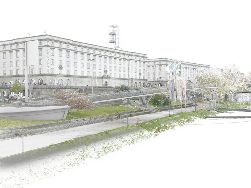 Rendering einer neuen Fuß- und Radwegrampe beim Lentos mit großem Gebäude im Hintergrund.