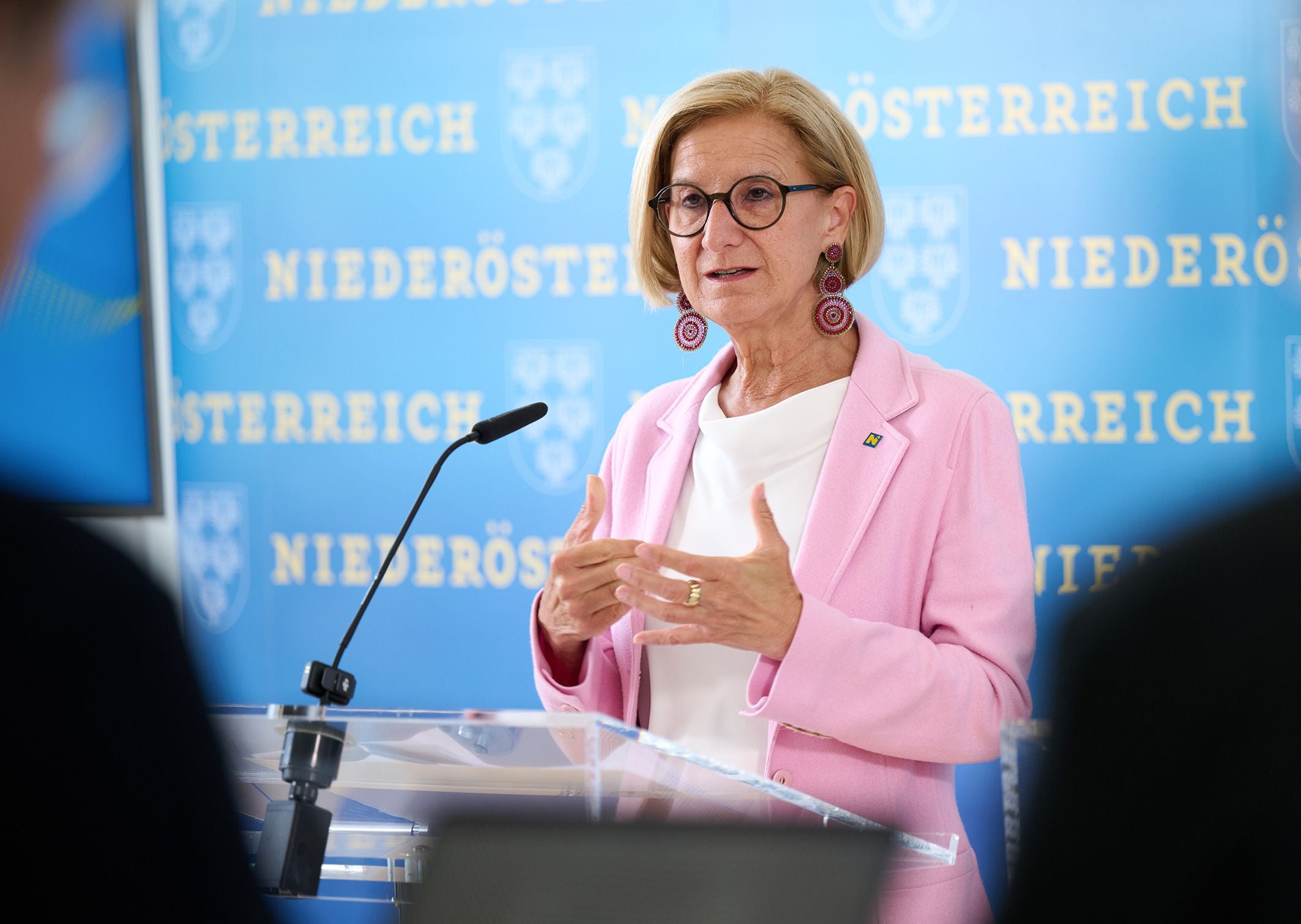 Frau mit Brille spricht an einem Rednerpult vor einem Hintergrund mit "Niederösterreich"-Schriftzug.