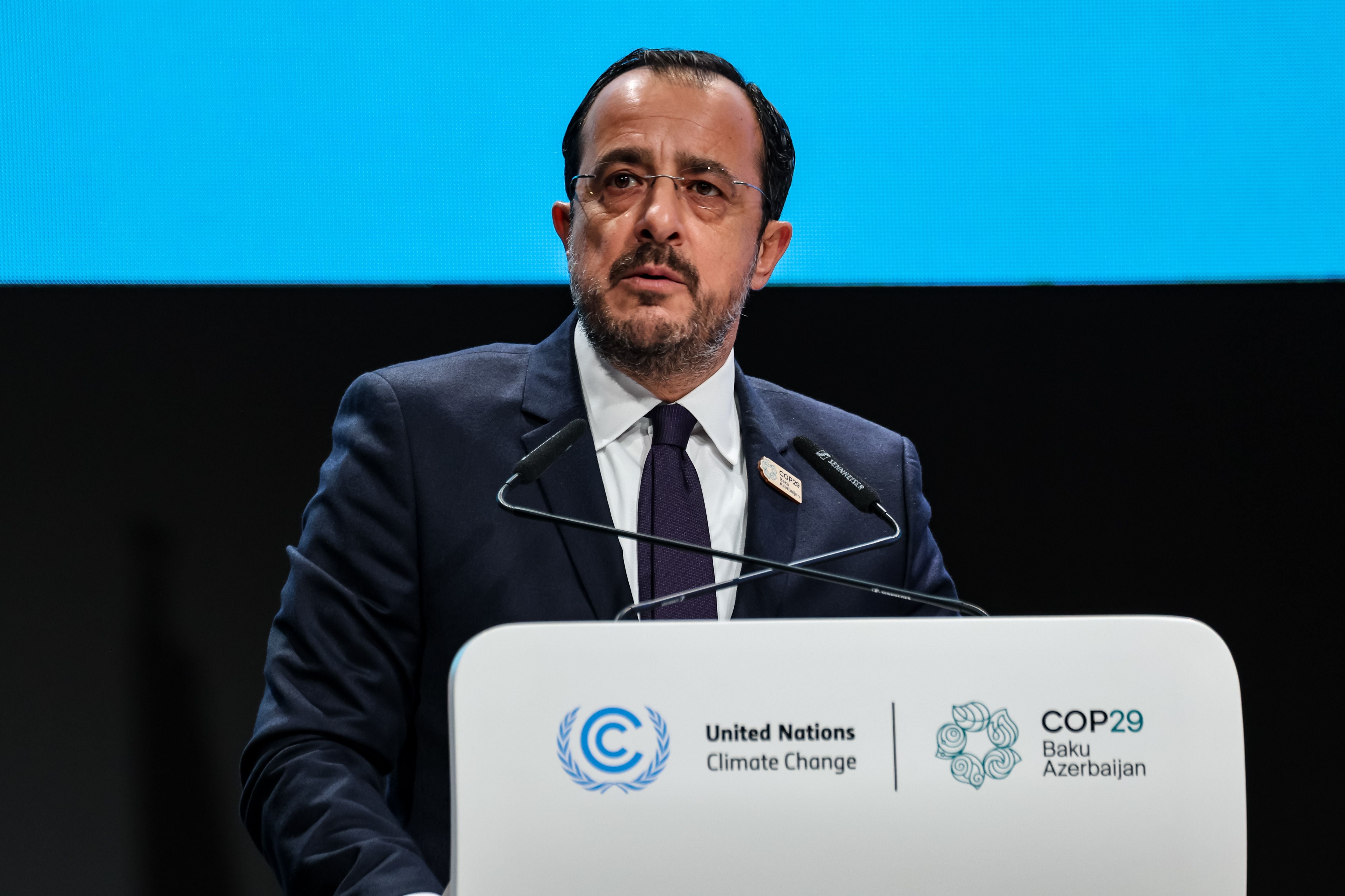 BAKU, AZERBAIJAN - 2024/11/12: Nikos Christodoulides, President of Cyprus speaks during First Part of the High-Level Segment of United Nations Climate Change Conference in Nizami Plenary Room during COP29, an event held by the United Nations Framework Convention on Climate Change (UNFCCC) in Baku Olympic Stadium. COP29, running from November 11-22 focuses on carbon offset clean energy finding. (Photo by Dominika Zarzycka/SOPA Images/LightRocket via Getty Images)