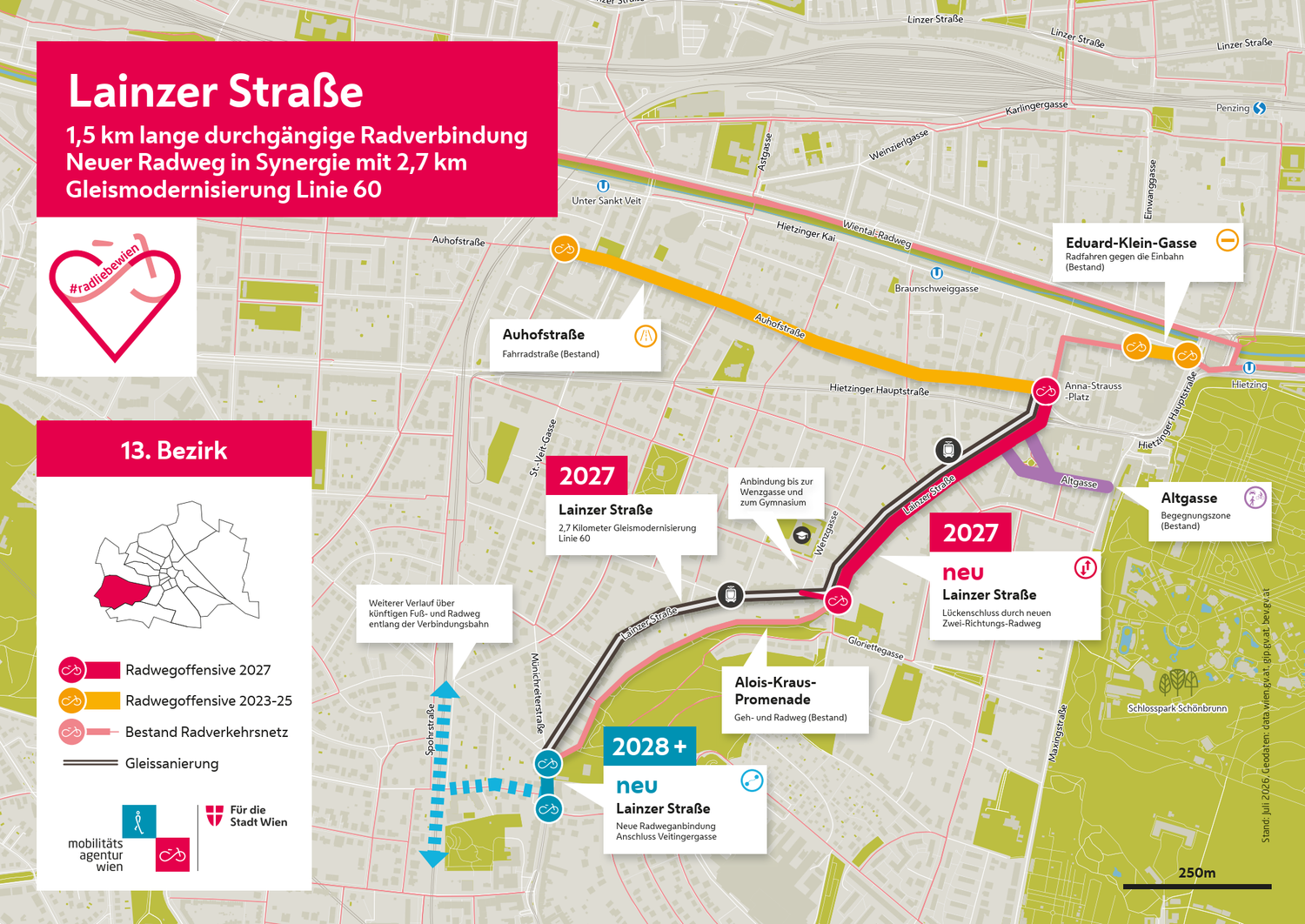 Karte zeigt geplante und bestehende Radwege sowie Gleissanierung rund um die Lainzer Straße in Wien.