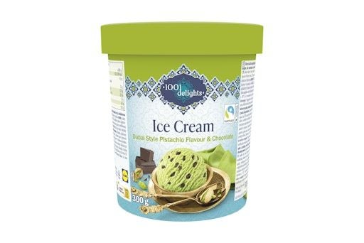 Grüne Eiscreme-Packung mit Pistazien- und Schokoladengeschmack, 1001 delights, 300 g.