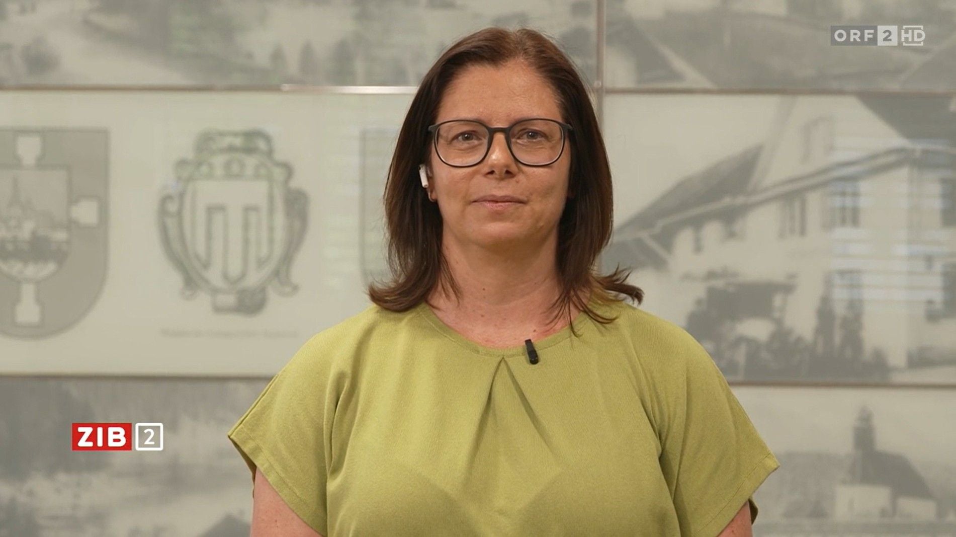 Frau mit Brille und grünem Oberteil steht vor einer Wand mit Wappen und Bildern.