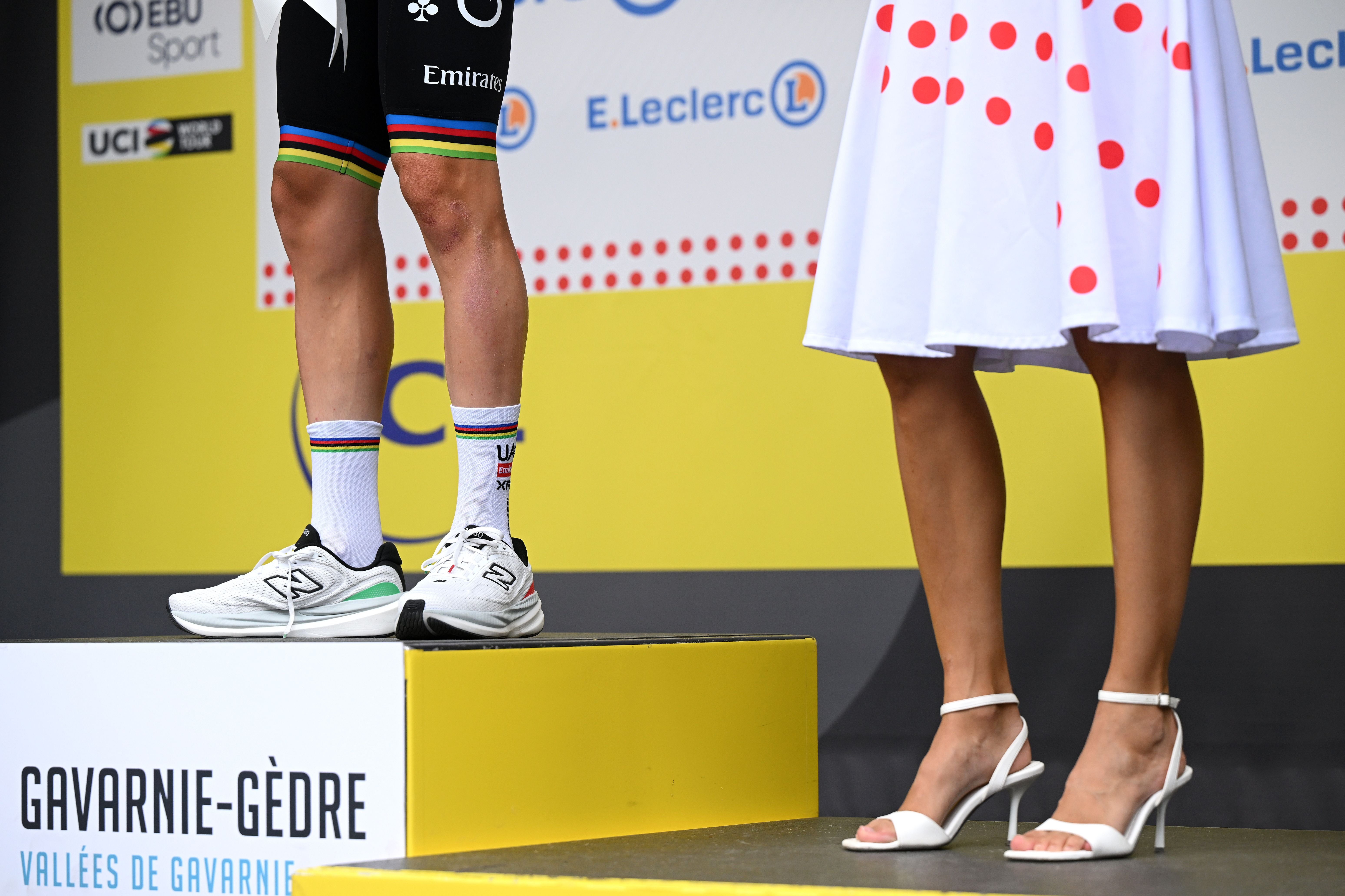 GAVARNIE-GEDRE, FRANCE - JULY 09: Legs detailed view of Tadej Pogacar of Slovenia and UAE Team Emirates - XRG celebrates at podium as Polka dot Mountain Jersey winner during the 113th Tour de France 2026, Stage 6 a 186.2km stage from Pau to Gavarnie-Gedre 1379m / #UCIWT / on July 09, 2026 in Gavarnie-Gedre, France. (Photo by Dario Belingheri/Getty Images)