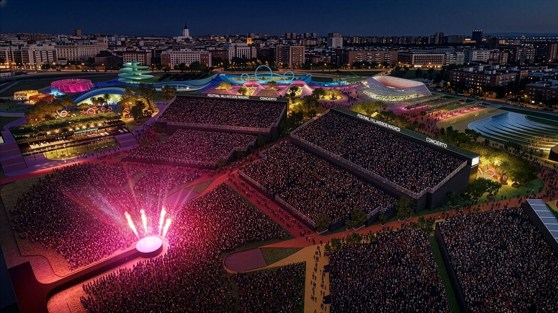 Großes Open-Air-Konzert bei Nacht mit buntem Licht und Tausenden von Menschen im Publikum.
