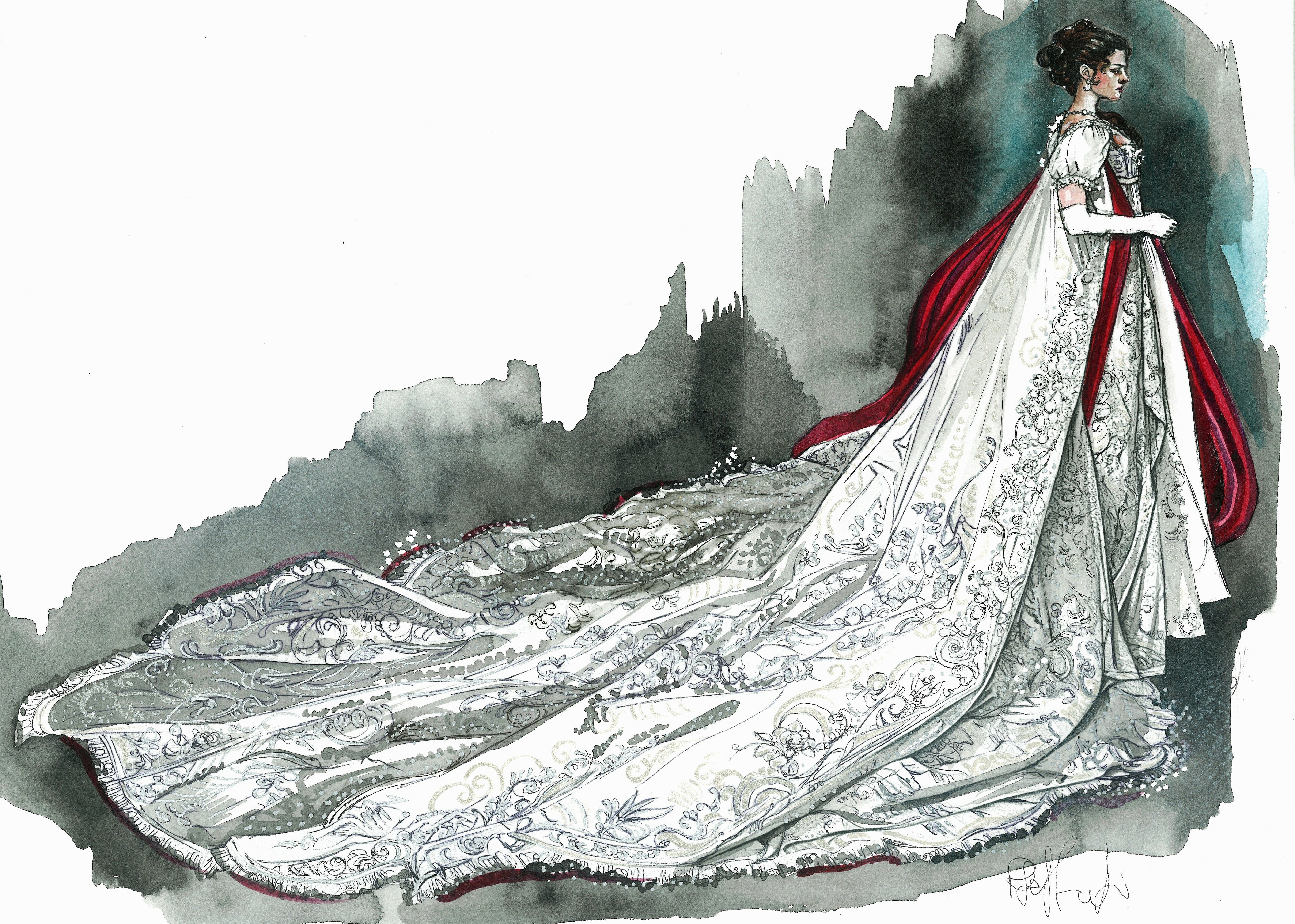 Modezentwurf einer Frau in opulent besticktem Kleid mit langem Umhang und rotem Futter.