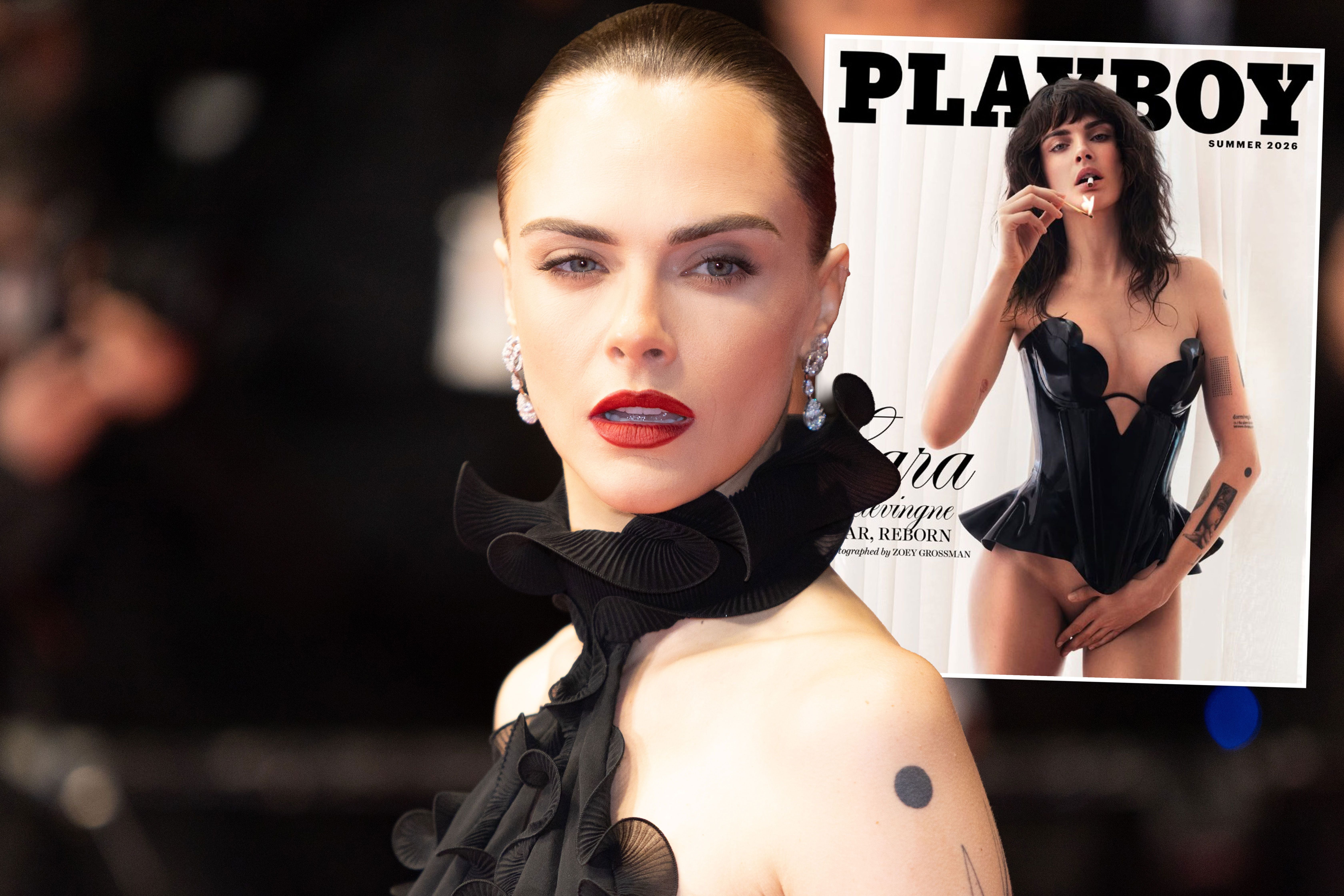 Cara Delevingne in eleganter Kleidung mit einem Playboy-Magazin-Cover im Hintergrund.