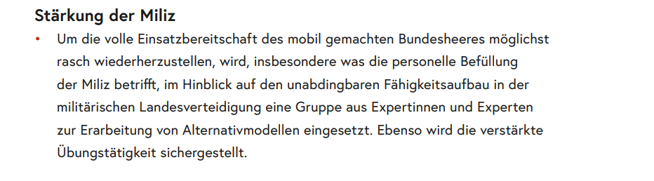 Textabschnitt zur Stärkung der Miliz im österreichischen Regierungsprogramm.