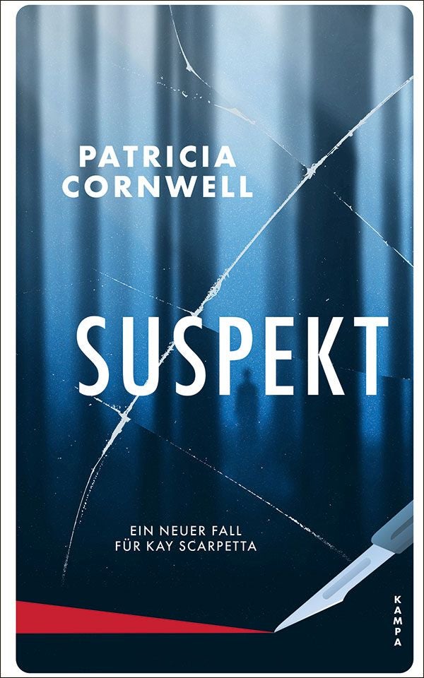 Cover des Buches "Suspekt" von Patricia Cornwell mit Skalpell und zersprungenem Glas.