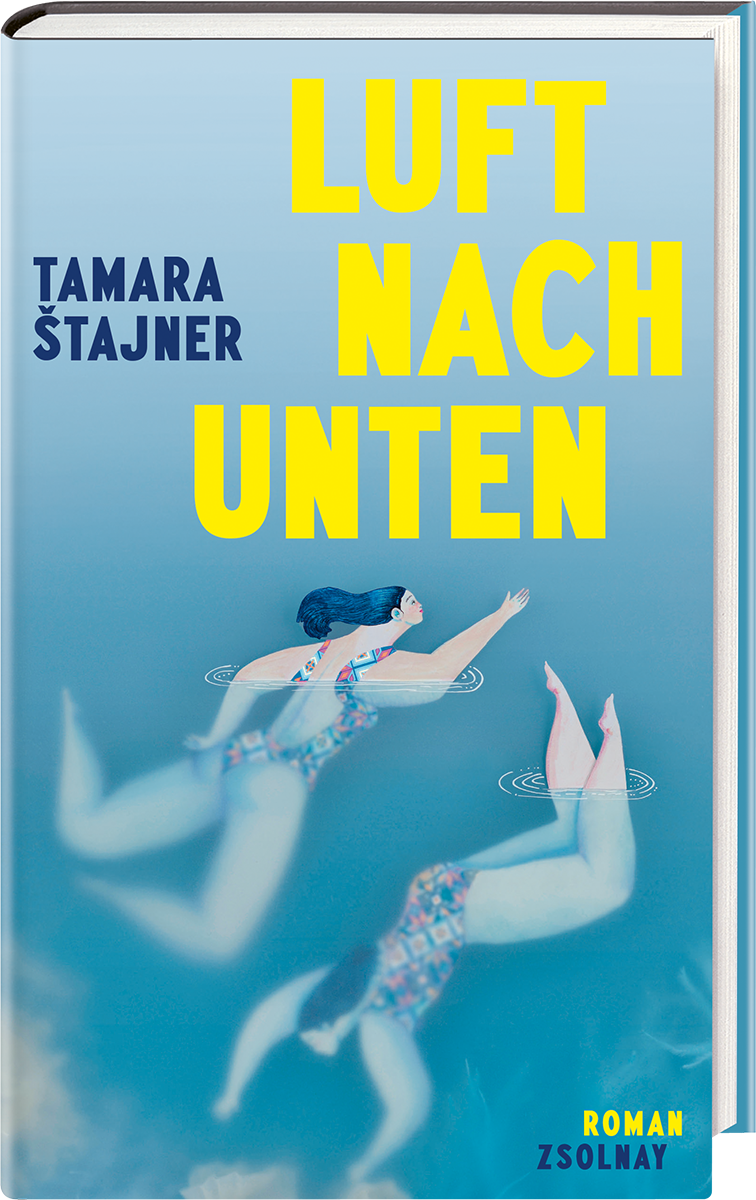 Buchcover mit dem Titel "Luft nach unten", zeigt zwei Frauen im Wasser und buntem Badeanzug.