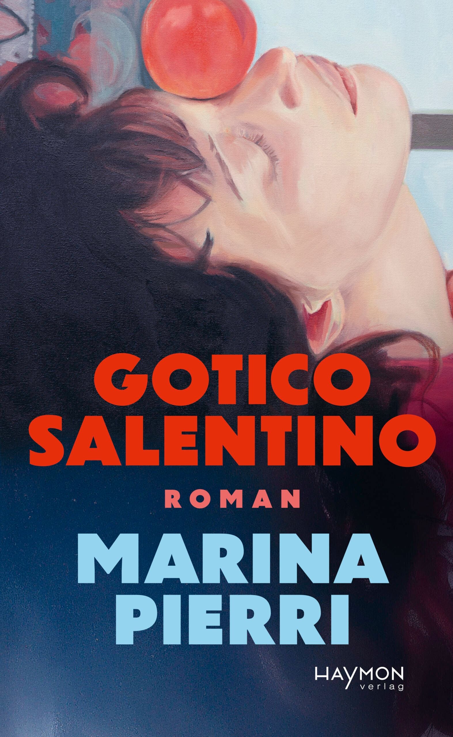 Gemaltes Porträt einer Frau mit geschlossenen Augen und einer Tomate auf der Stirn, Buchtiteltext.
