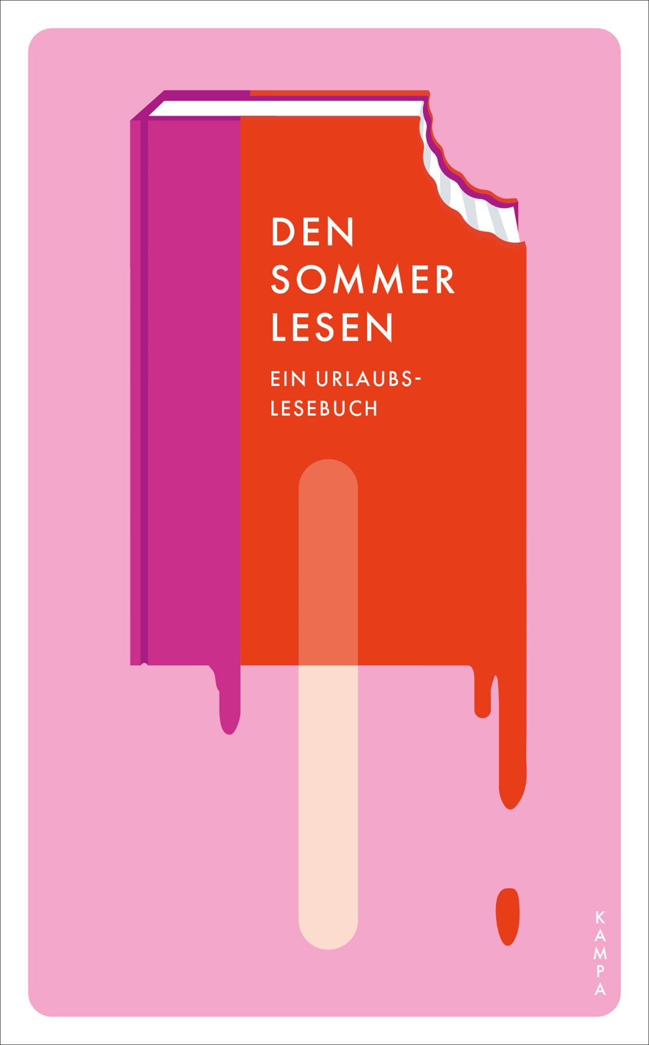 Buch mit Bissspur und Stiel, gestaltet wie ein Eis am Stiel, auf rosa Hintergrund.