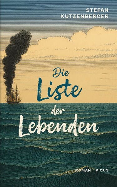 Buchcover von „Die Liste der Lebenden“ mit rauchendem Schiff auf dem Meer.