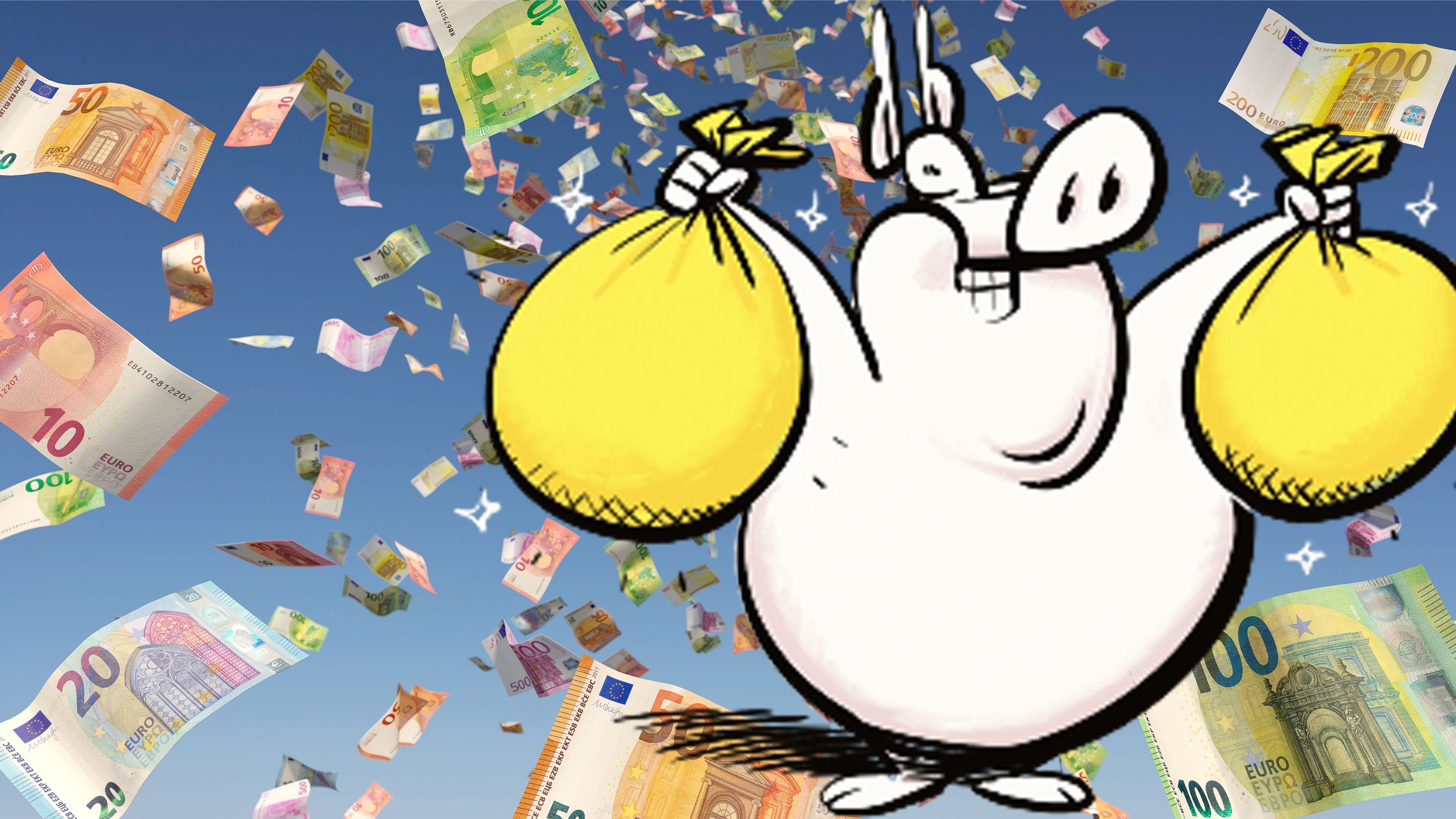 Comic-Schwein hält zwei Säcke Geld, im Hintergrund fliegen viele Euro-Geldscheine durch die Luft.