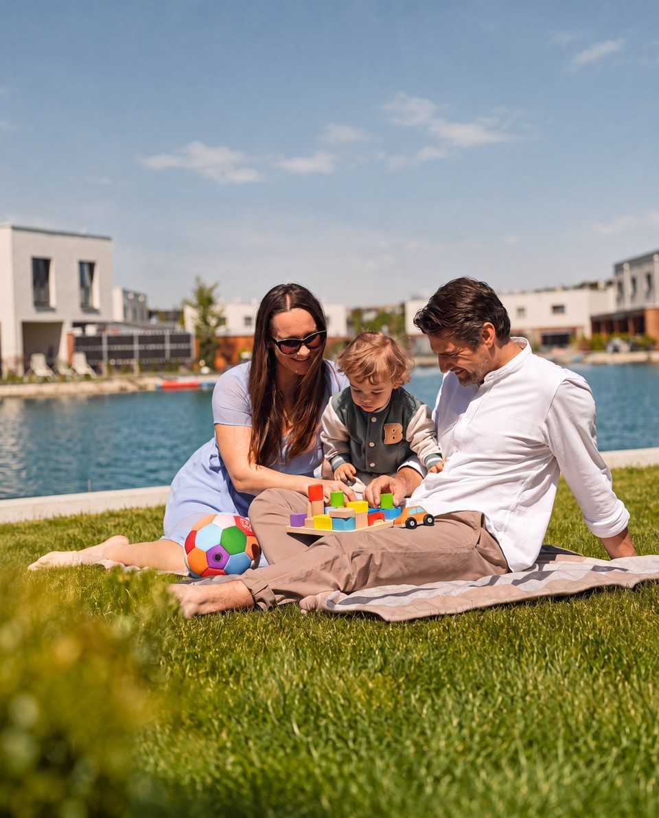 Eine Familie sitzt auf einer Wiese und spielt gemeinsam mit Bauklötzen und Spielzeug.