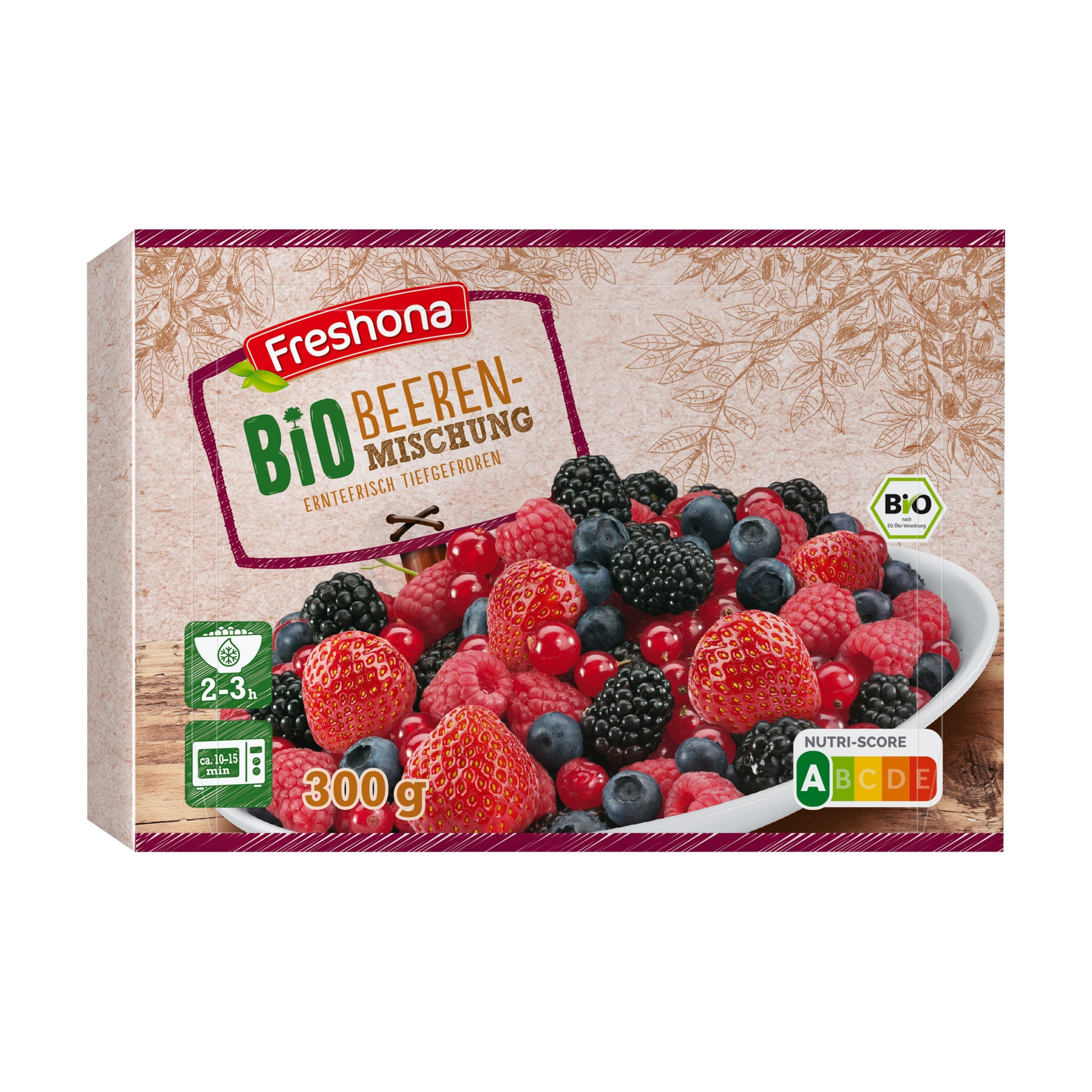 Packung Freshona Bio Beerenmischung, tiefgefroren, 300g, mit verschiedenen Beeren auf dem Bild.