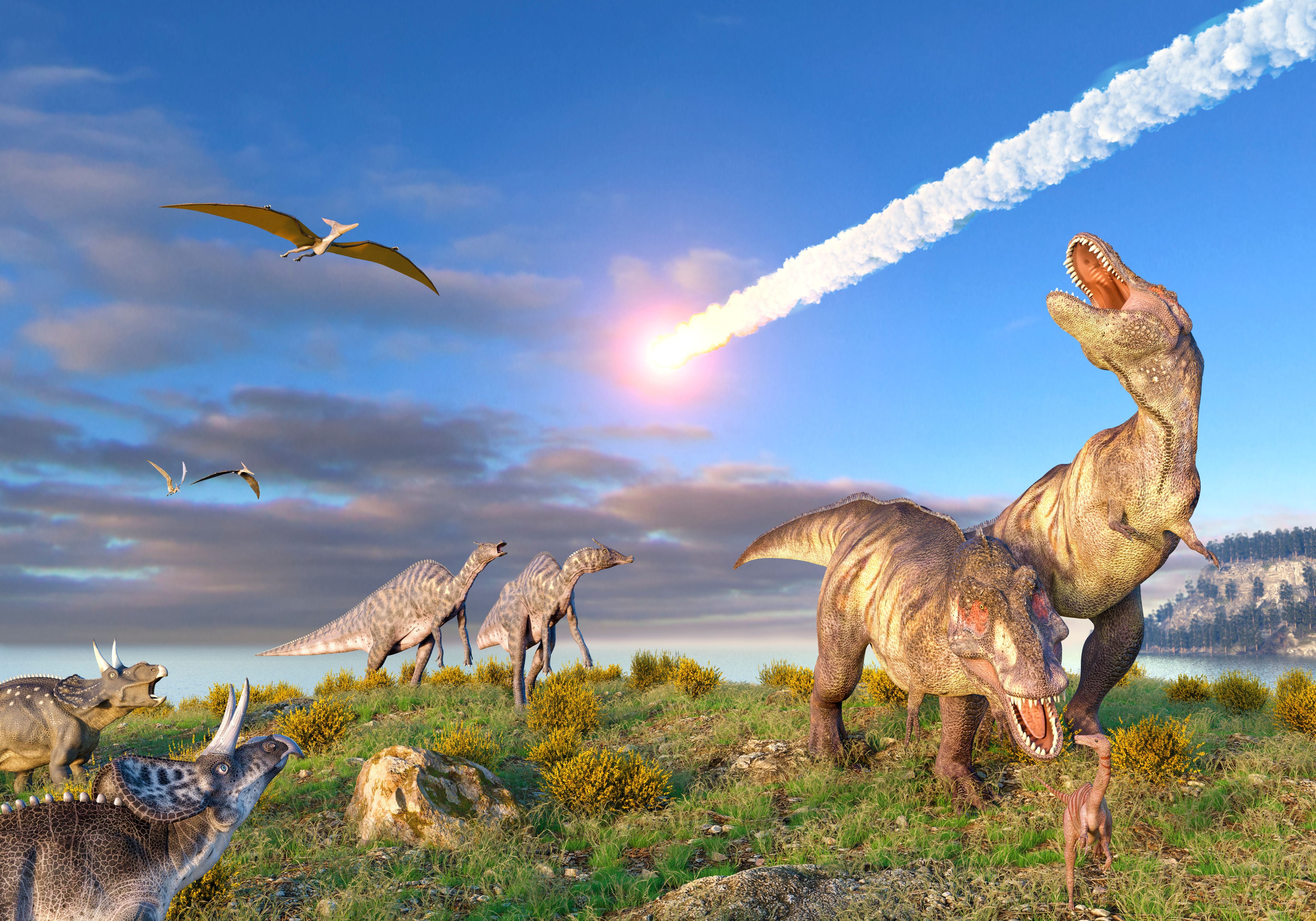 Dinosaurier sehen zu, wie ein riesiger Meteorit am Himmel auf die Erde zurast.