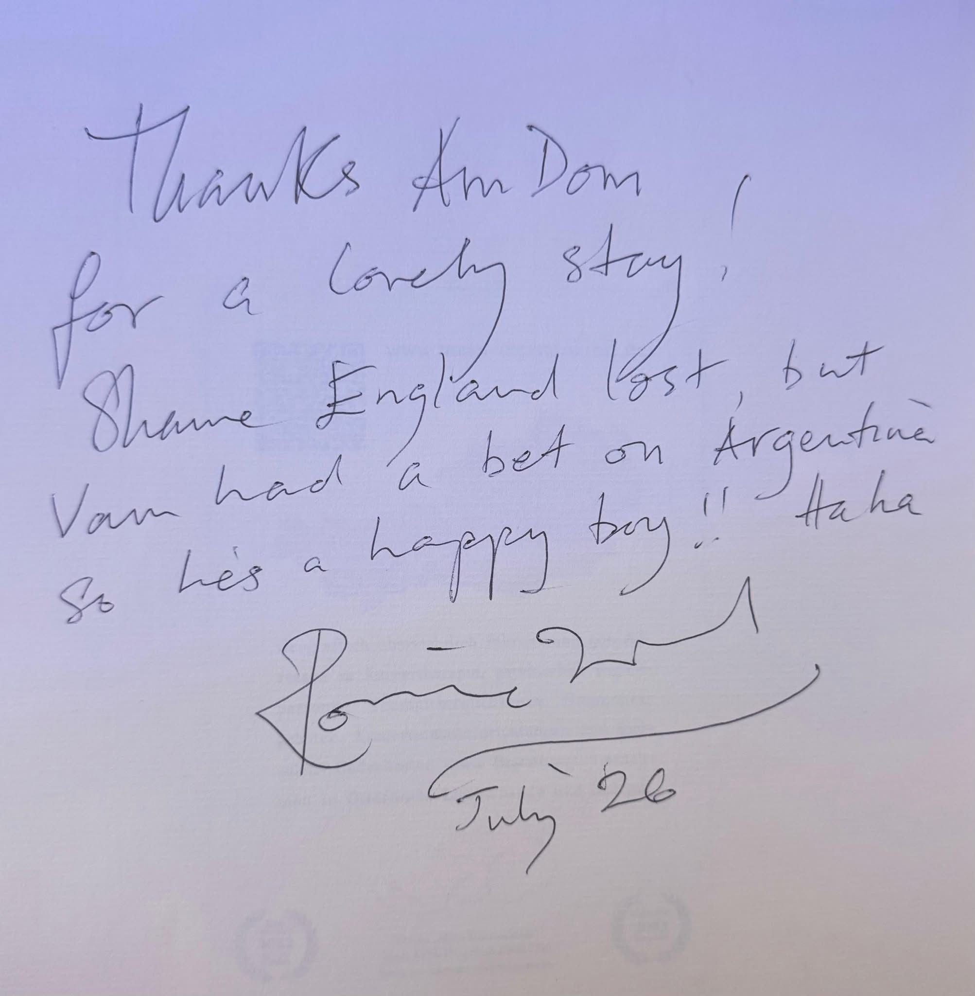 Handschriftliche Notiz von Ronnie Wood auf weißem Papier, datiert mit "July '26".