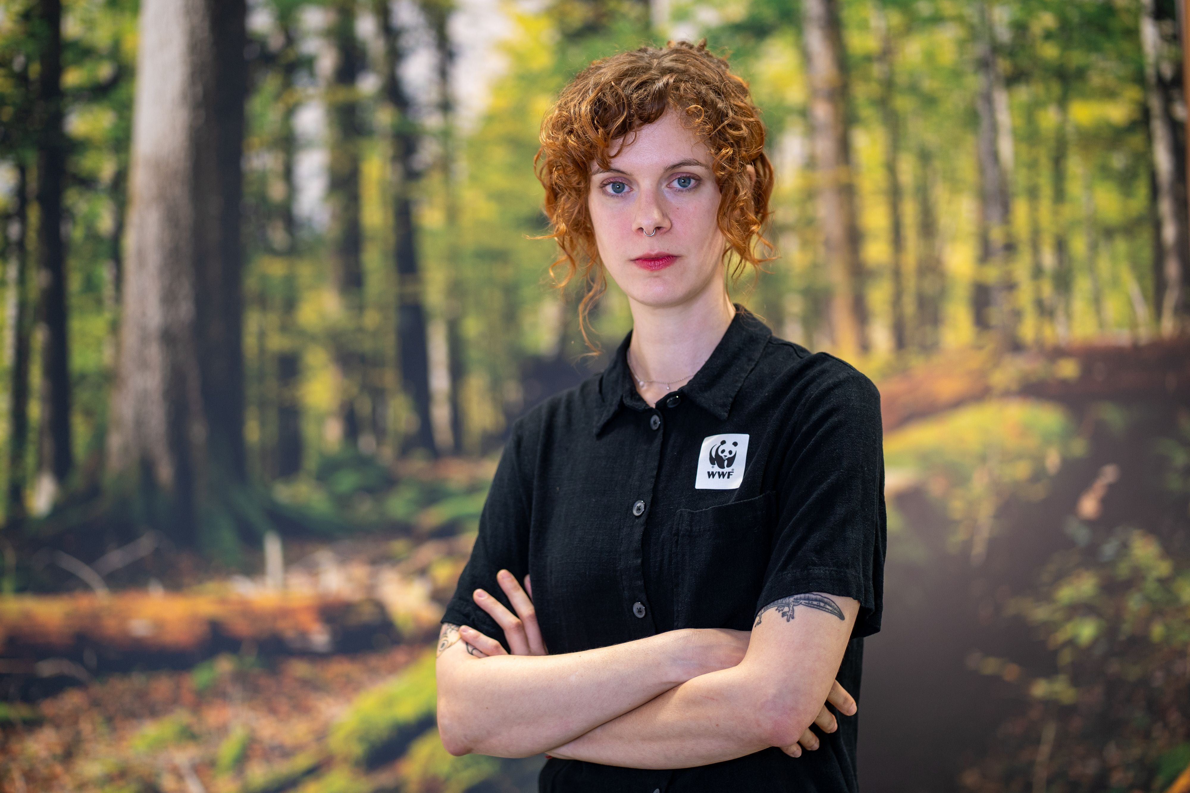 Eine Person mit WWF-Hemd steht mit verschränkten Armen vor einem Wald-Hintergrund.