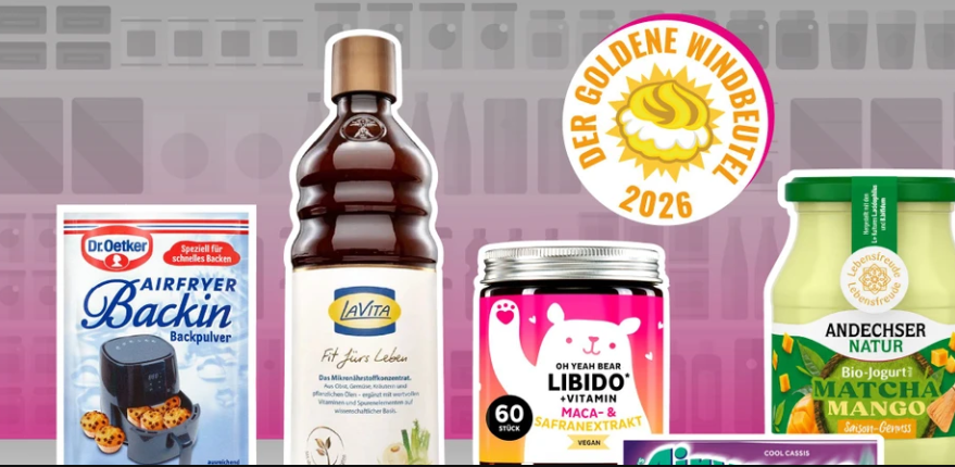 Verschiedene Lebensmittelprodukte und das Logo für den Goldenen Windbeutel 2026 von Foodwatch.