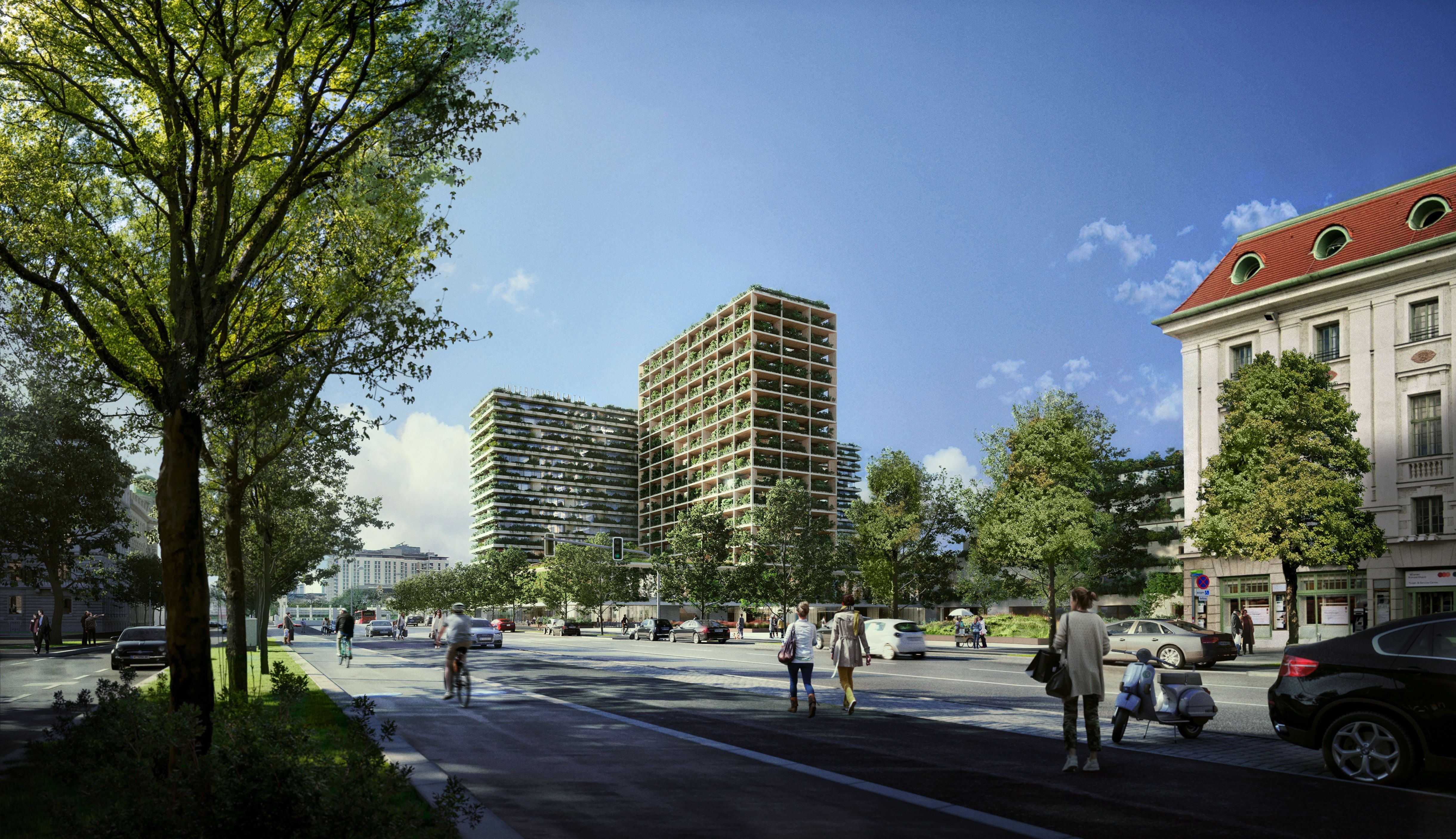 Belebte Straße am Heumarkt mit modernen begrünten Hochhäusern und alten Gebäuden.