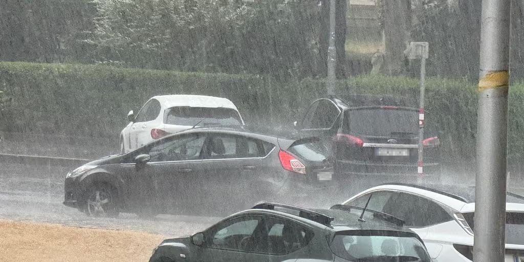 Starker Regen fällt auf mehrere parkende Autos an einer Straße.