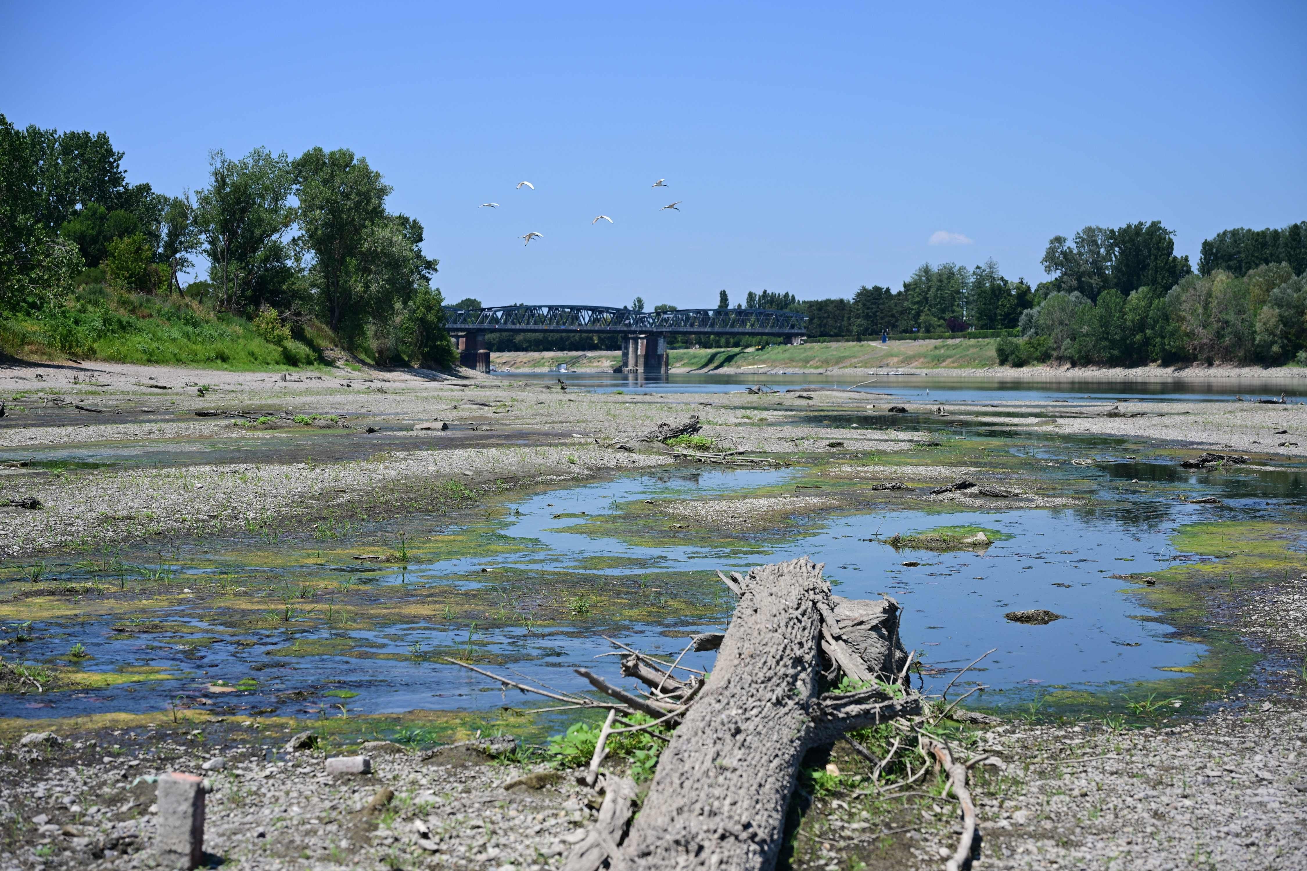 Ausgetrocknetes Flussbett des Po mit Sandbänken, wenig Wasser und einer Brücke im Hintergrund.