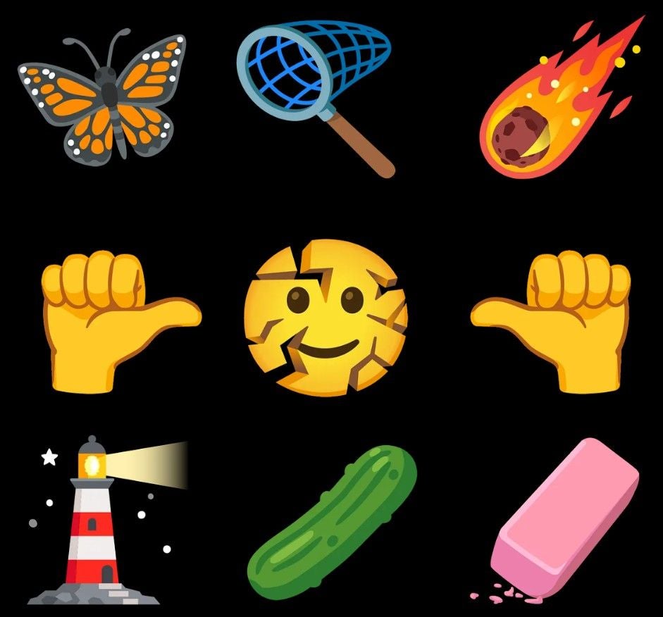 Neun bunte Emojis, darunter Schmetterling, Kescher, Meteorit und Leuchtturm auf schwarzem Hintergrund.