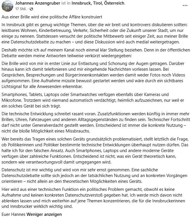 Screenshot eines Facebook-Posts von Johannes Anzengruber zum Thema Datenschutz und Brillentechnologie.