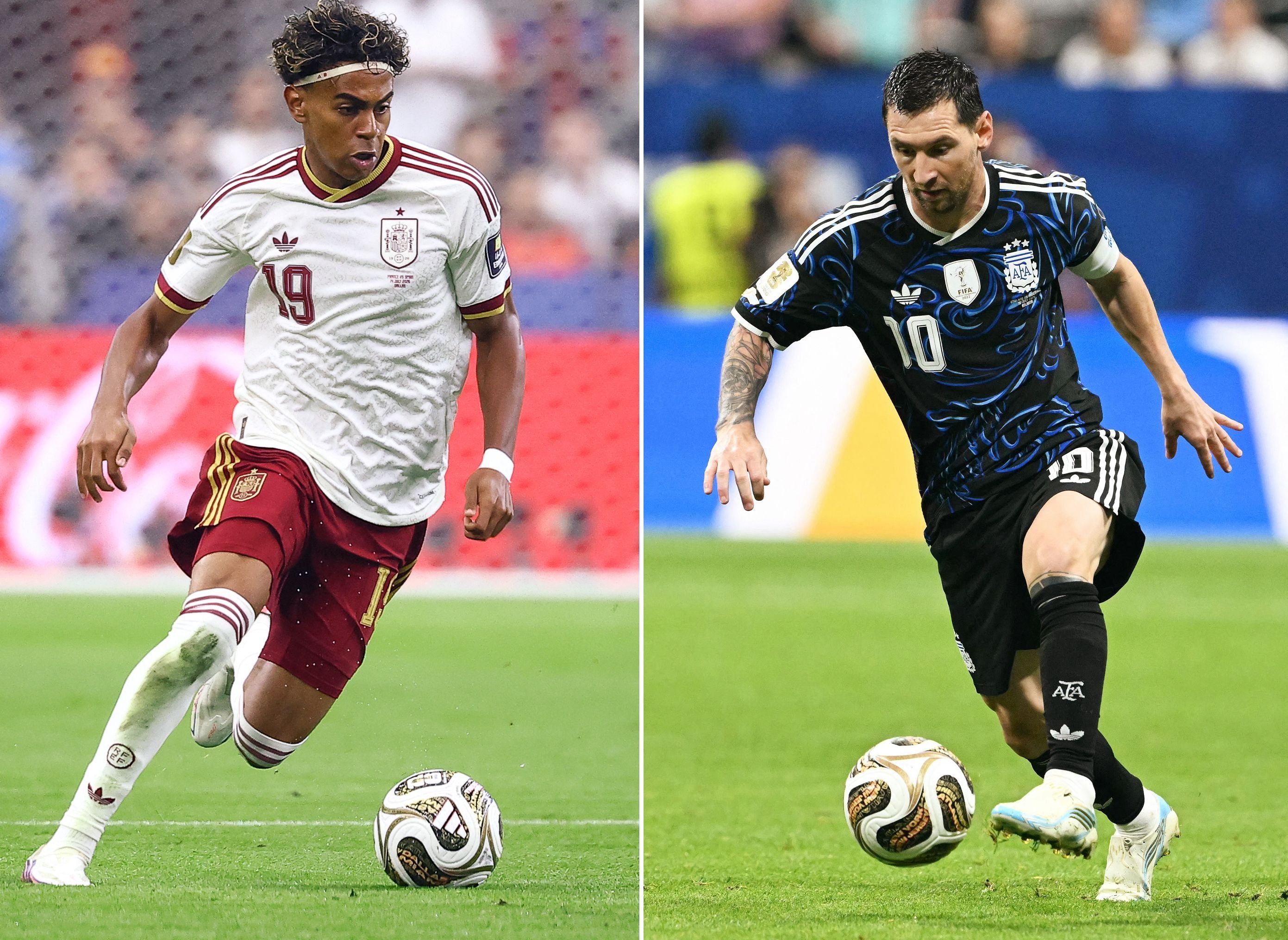 Zwei Fußballspieler, einer aus Spanien und einer aus Argentinien, dribbeln jeweils einen Ball.