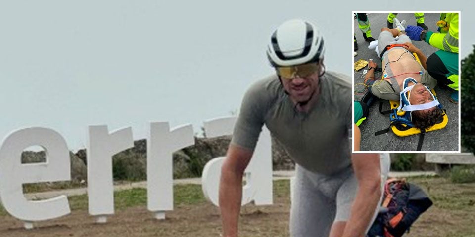 Grünen-Politiker Gebi Mair fährt mit dem Rad, im Bildausschnitt oben wird er nach einem Sturz auf einer Trage versorgt.